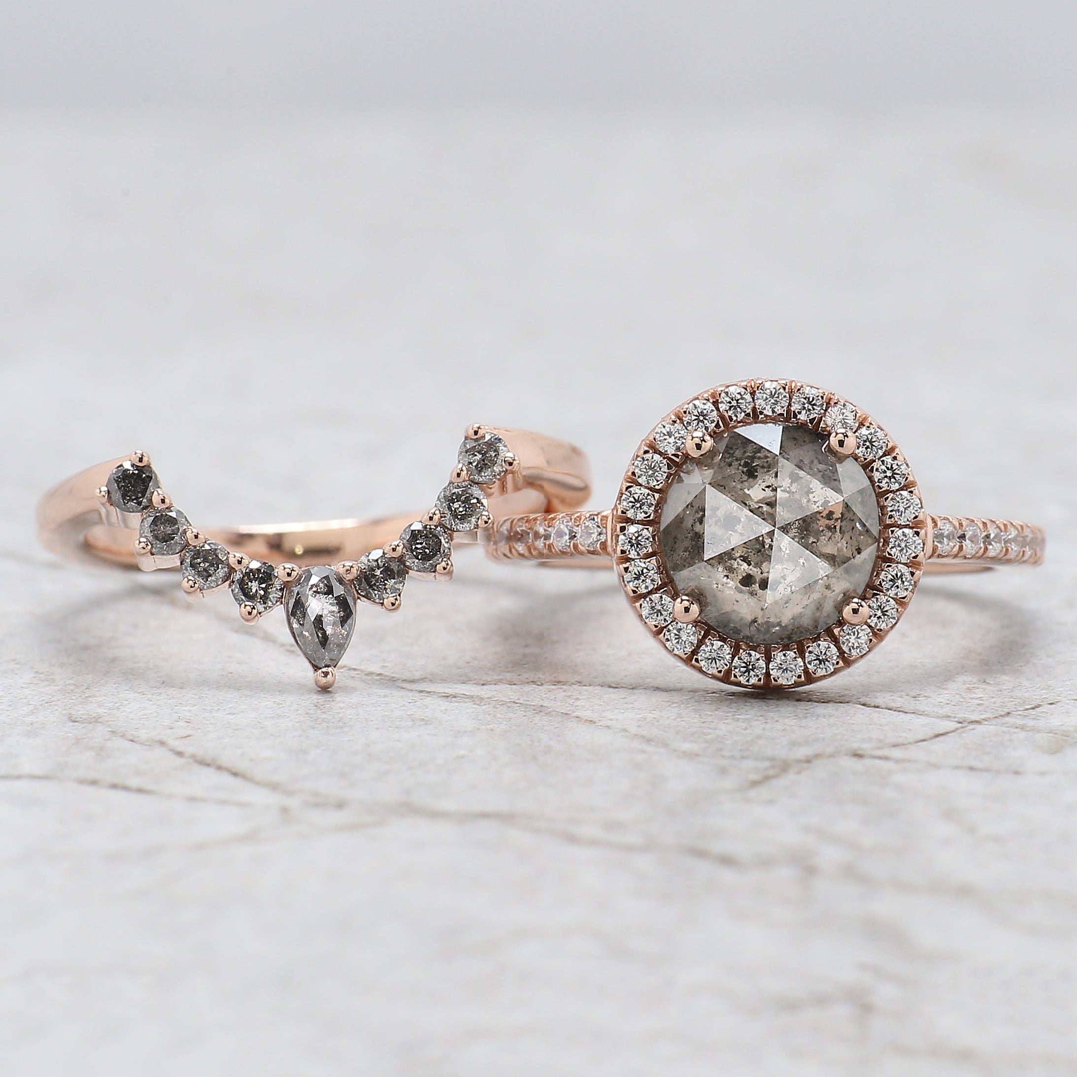 Round Rose Cut Salt And Pepper Diamond Ring 1.83 Ct 7.75 MM Round Rose Diamond Ring 14K Rose Gold Silver Engagement Ring Gift For Her QL2188