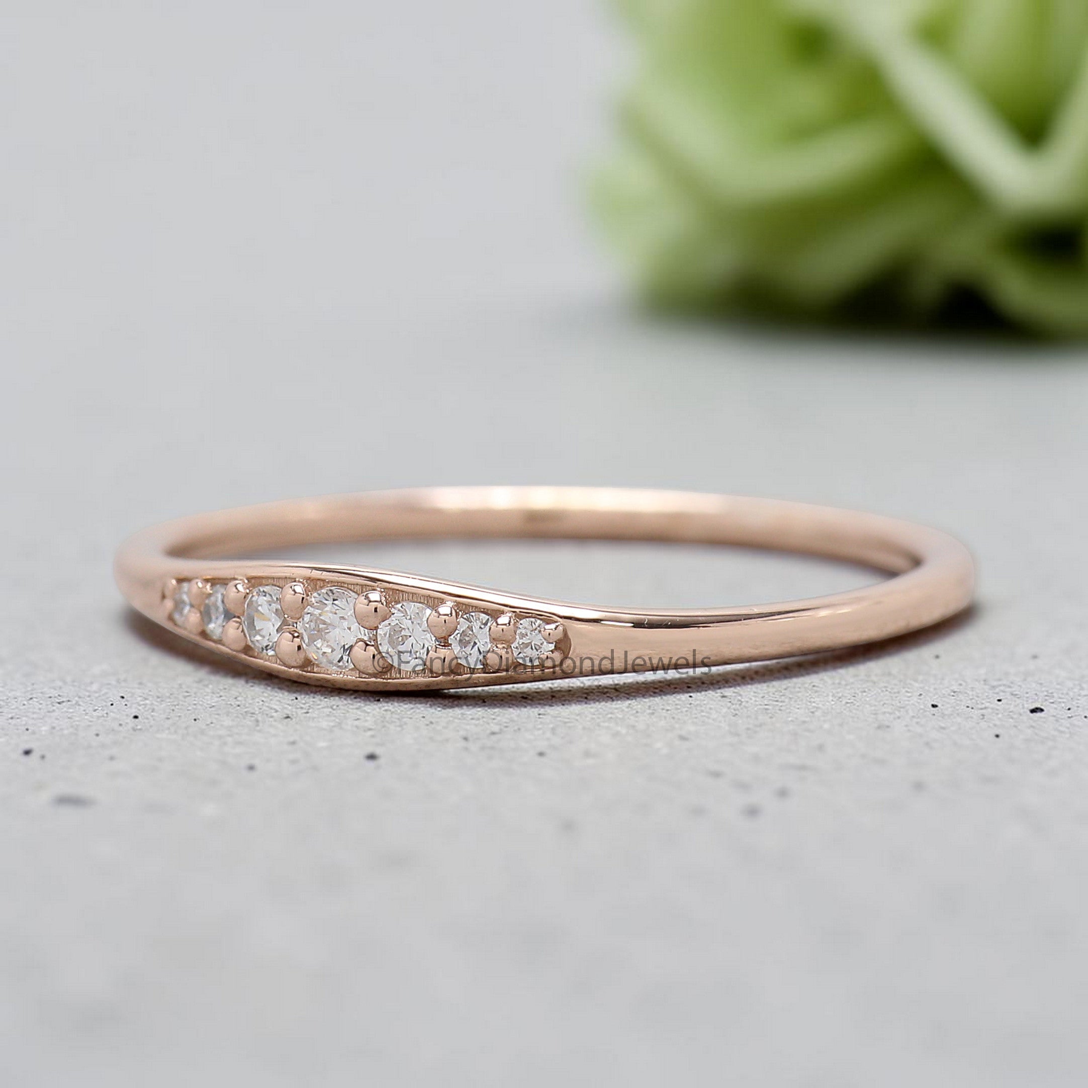 Round Cut Diamond Wedding Band Rose Gold Unique Half Eternity Wedding Band Vintage Minimal Stacking Matching Bridal Gift For Her FD548