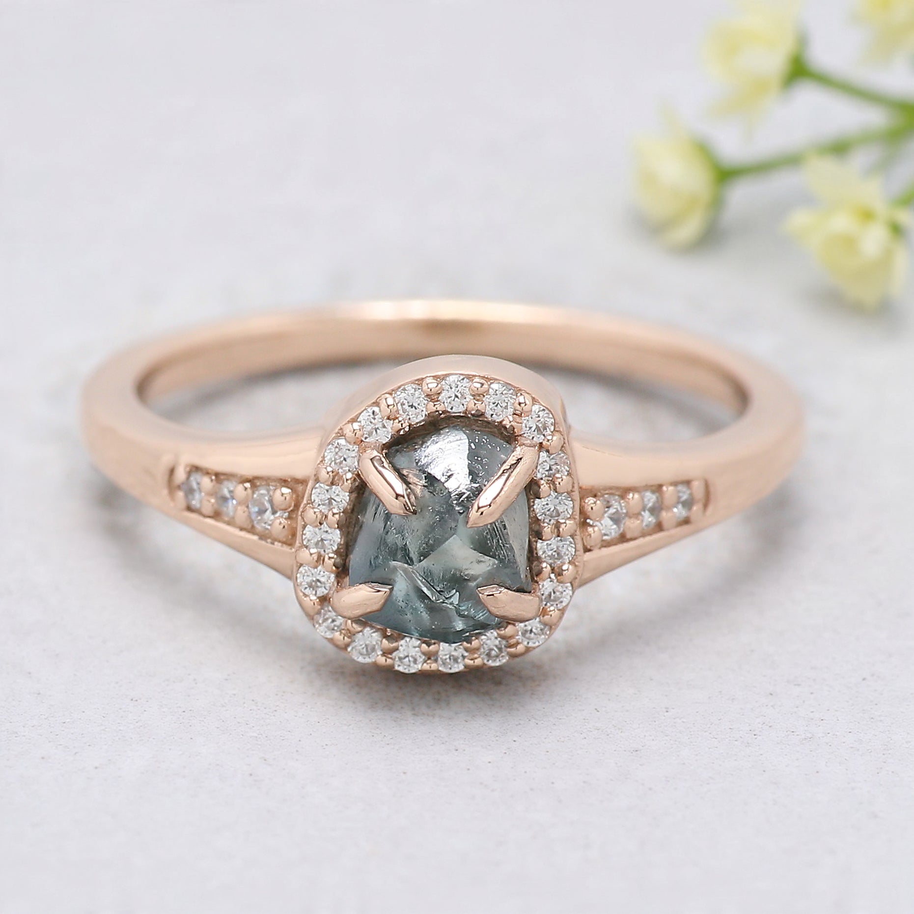 Rough Blue Color Diamond Ring 1.12 Ct 6.12 MM Crystal Rough Diamond Ring 14K Solid Rose Gold Silver Engagement Ring Gift For Her QL2319