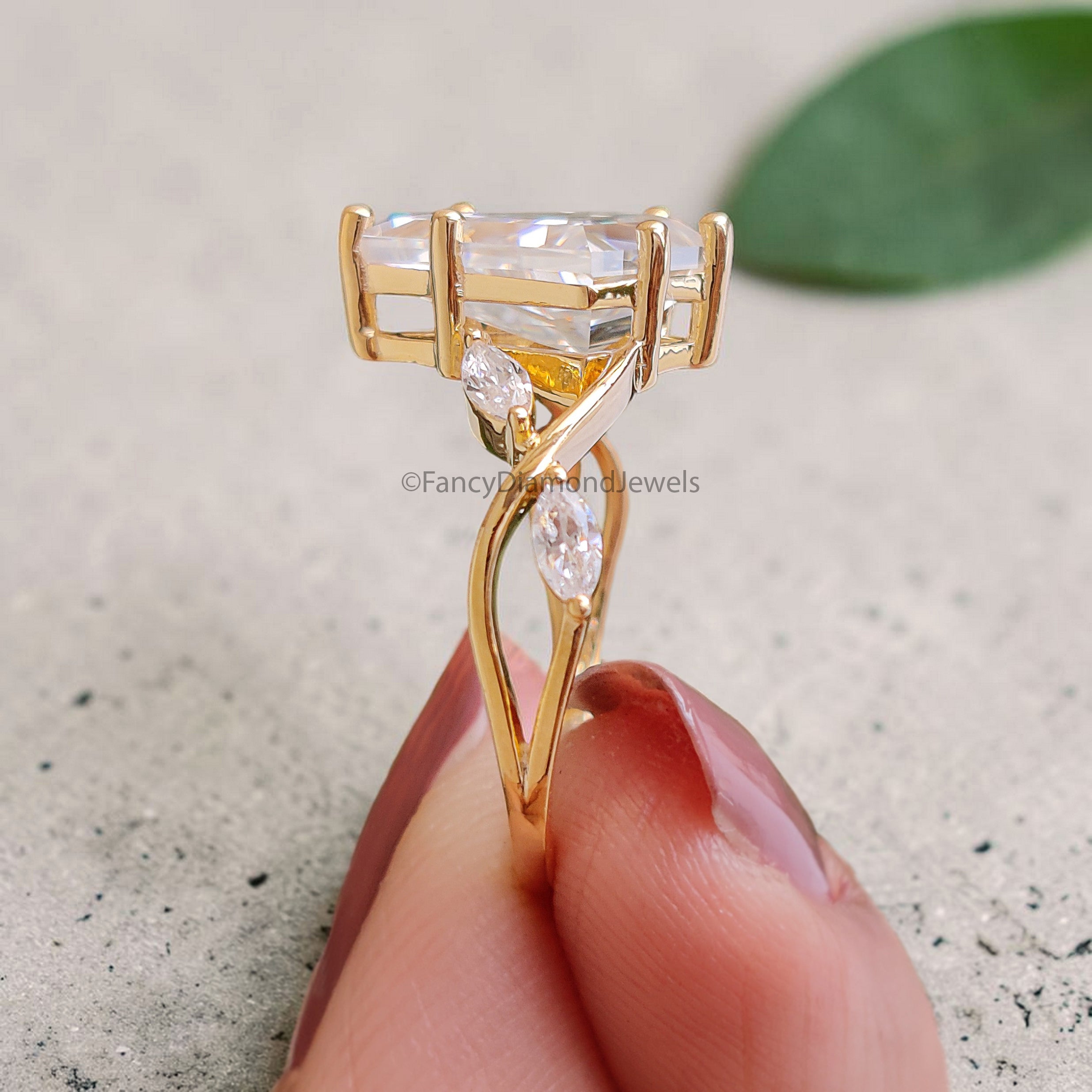 Kite Moissanite Engagement Ring, 14K Yellow Gold Ring, Marquise Cluster Side Stones, Vintage Inspired Bridal Ring, Unique Wedding Ring FD550
