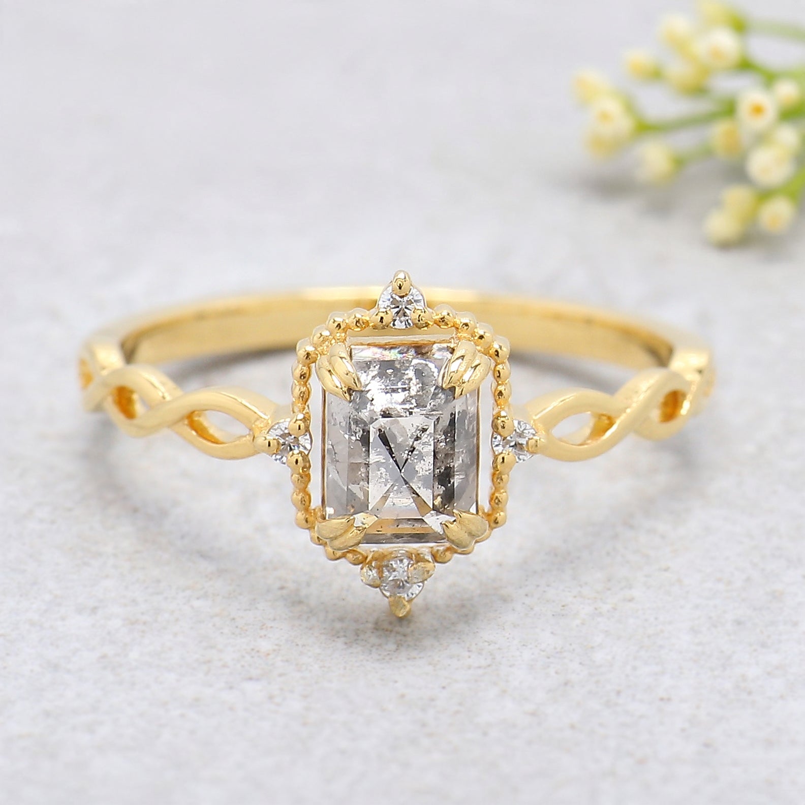 Emerald Salt And Pepper Diamond Ring 0.94 Ct 5.88 MM Emerald Diamond Ring 14K Solid Yellow Gold Silver Engagement Ring Gift For Her KDL9559