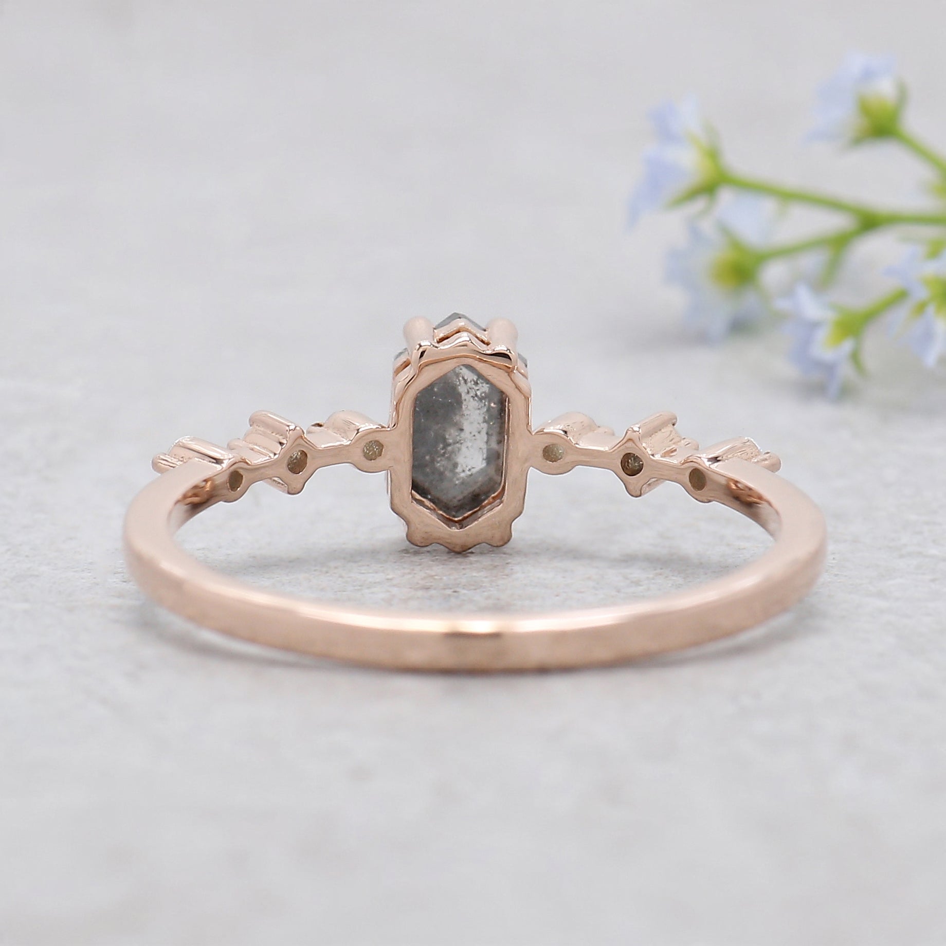 Hexagon Cut Salt And Pepper Diamond Ring 0.48 Ct 6.38 MM Hexagon Cut Diamond Ring 14K Rose Gold Silver Engagement Ring Gift For Her KDL2472