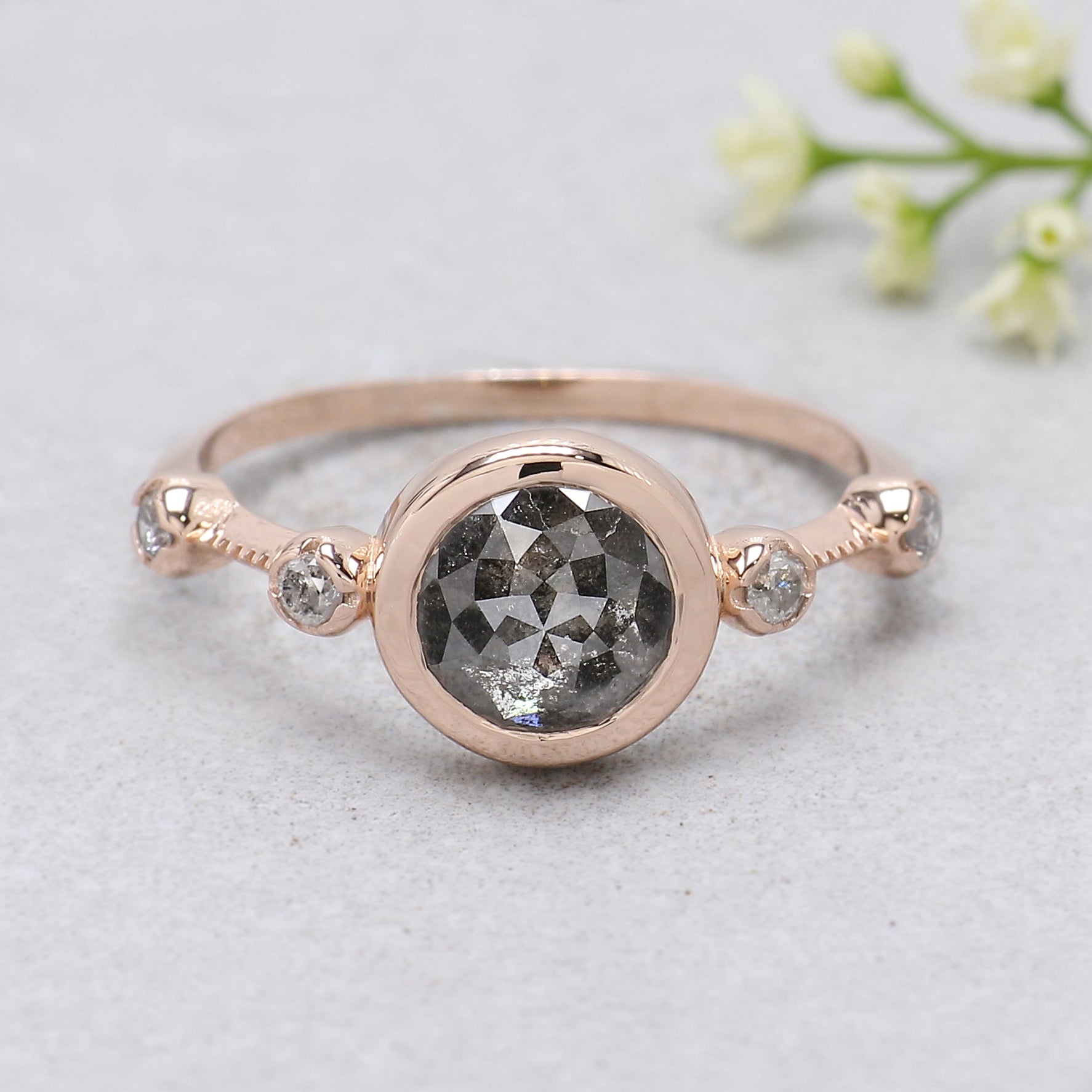Round Rose Cut Salt And Pepper Diamond Ring 1.23 Ct 6.80 MM Round Cut Diamond Ring 14K Rose Gold Silver Engagement Ring Gift For Her KDL1167