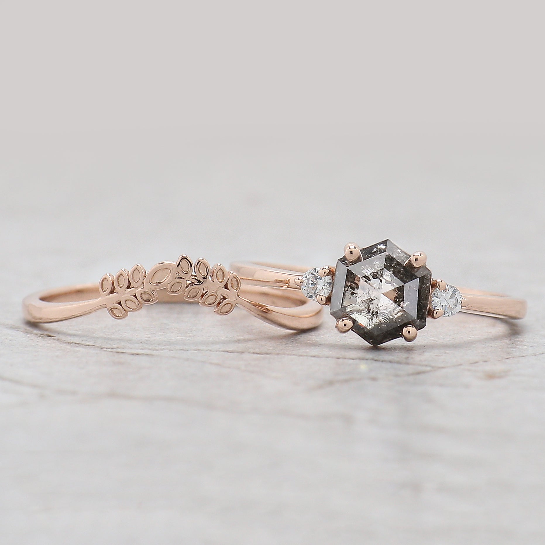 Hexagon Cut Salt And Pepper Diamond Ring 0.84 Ct 6.73 MM Hexagon Cut Diamond Ring 14K Rose Gold Silver Engagement Ring Gift For Her KDL2967