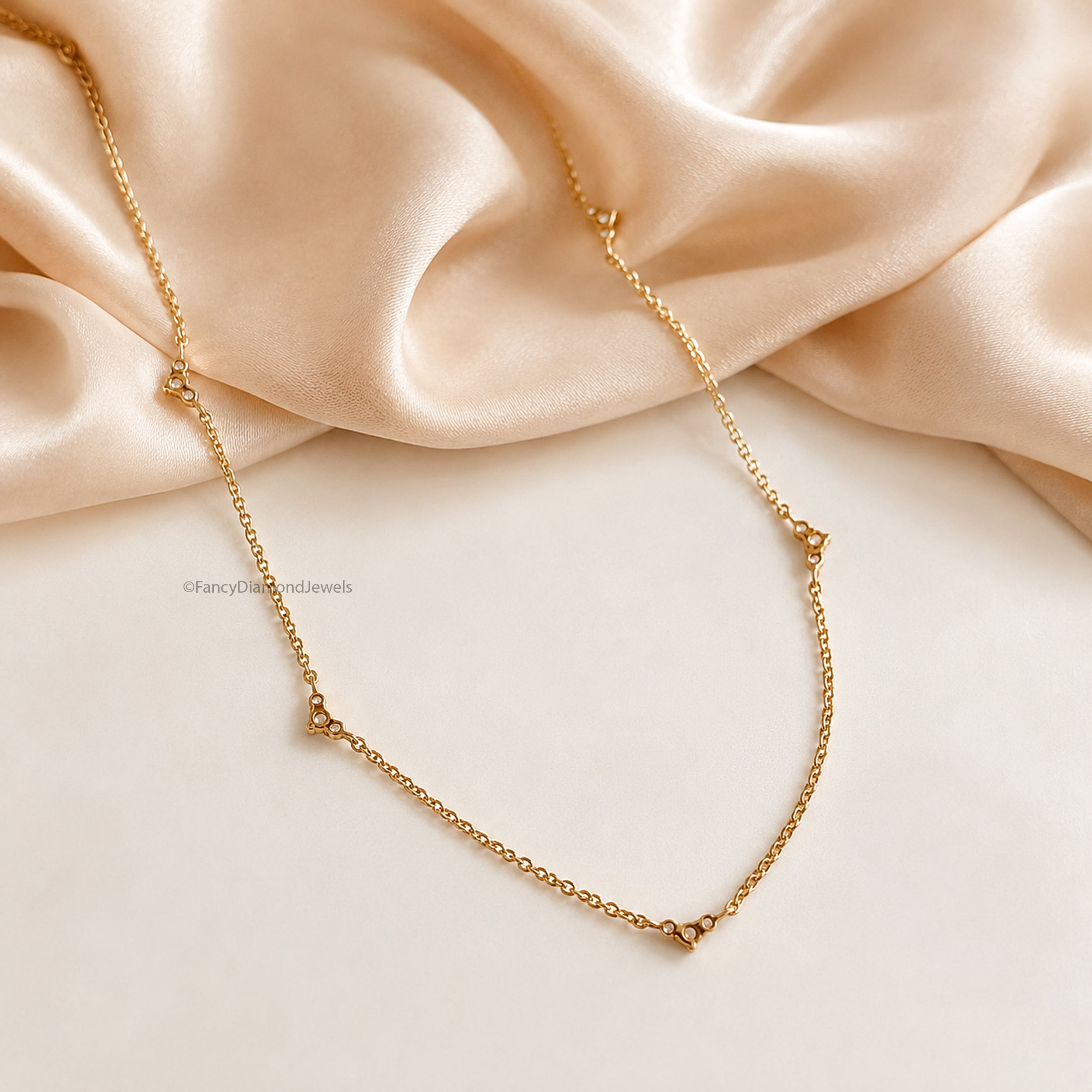 18K Solid Gold Diamond Triangle Cluster Necklace, Adjustable Station Chain Lab Grown Diamond, Gold Attached Diamond Solitaire Necklace FD566