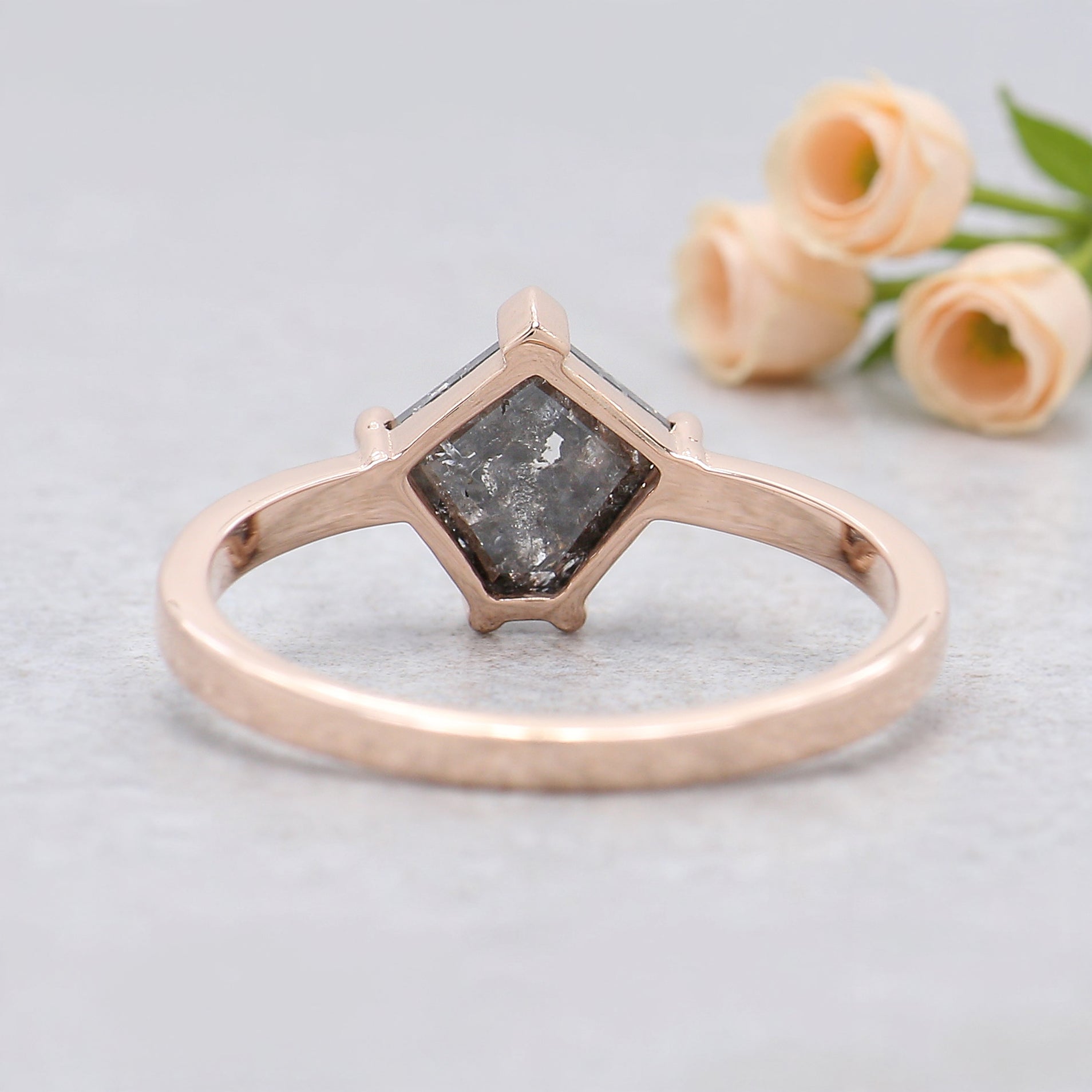 Pentagon Salt and Pepper Diamond Engagement Ring, 14K Rose Gold Ring, Unique Geometric Diamond Ring, Minimalist Fine Jewelry Gift KDL601