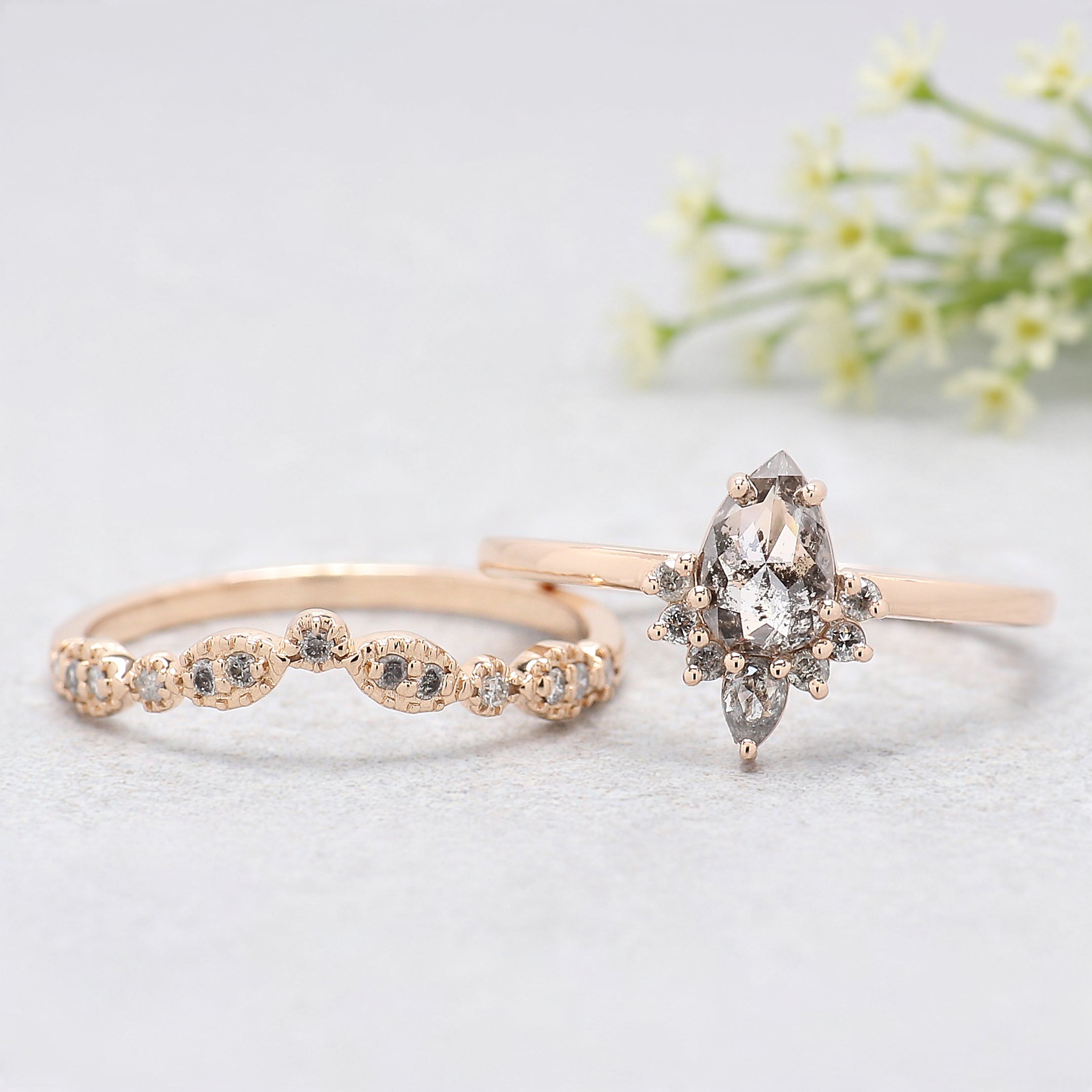 Pear Cut Salt And Pepper Diamond Ring 0.48 Ct 6.65 MM Pear Diamond Ring 14K Rose Gold Silver Pear Engagement Ring Set Gift For Her KDN976