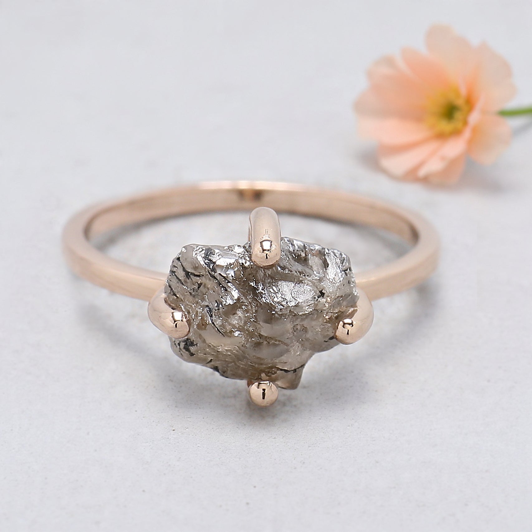 Raw Brown Diamond Ring 9.70 MM, 2.79 Carat Natural Rough Cut Diamond, 14K Rose Gold Engagement Ring, Conflict Free Uncut Diamond KDL9030