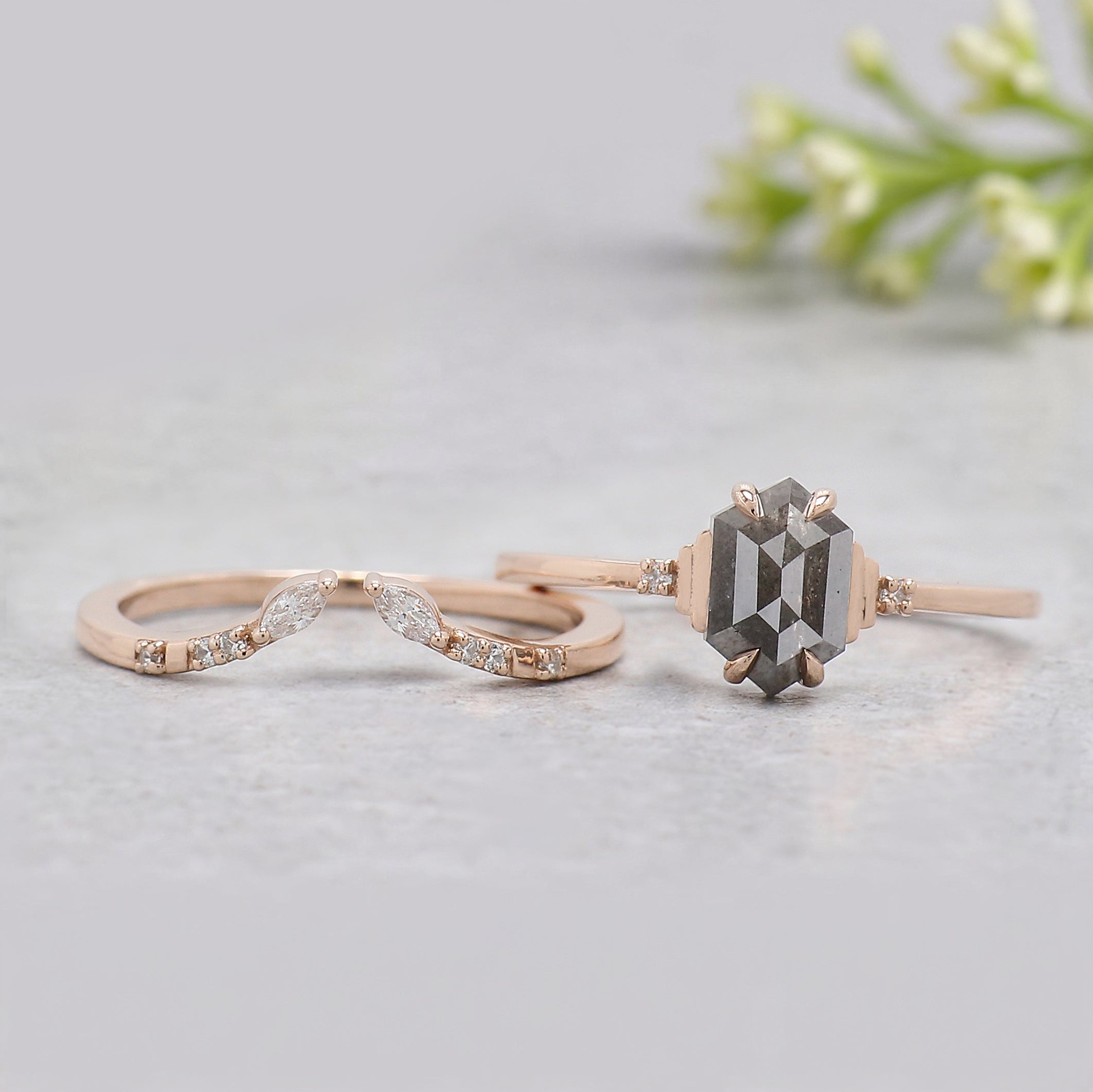 1.06 Ct Natural Hexagon Salt And Pepper Diamond Ring 7.70 MM Hexagon Cut Diamond Ring 14K Solid Rose Gold Silver Engagement Ring Set KDN7118