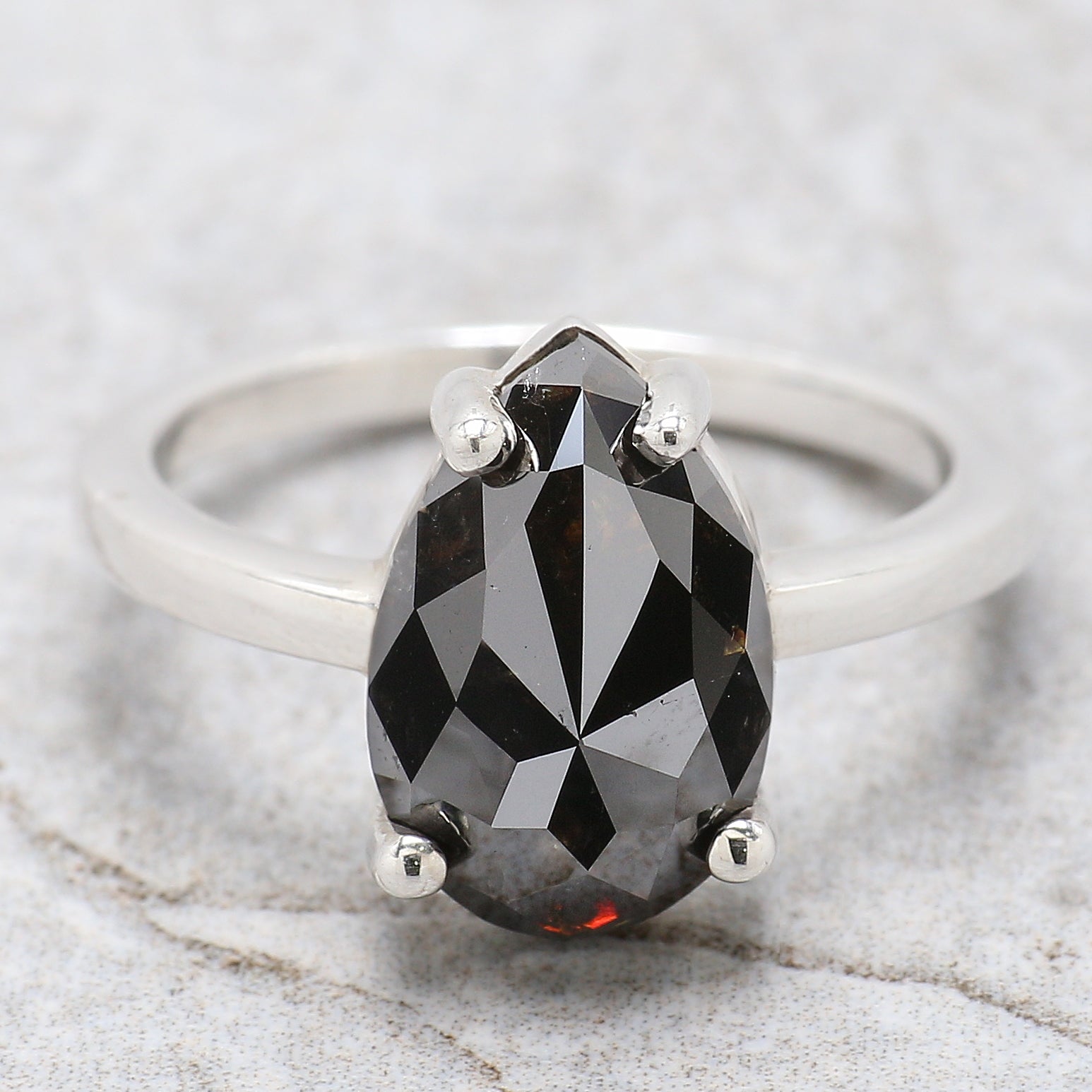 Pear Shape Black Color Diamond Ring 4.27 Ct 12.52 MM Pear Cut Diamond Ring 14K Solid White Gold Silver Engagement Ring Gift For Her QL2155