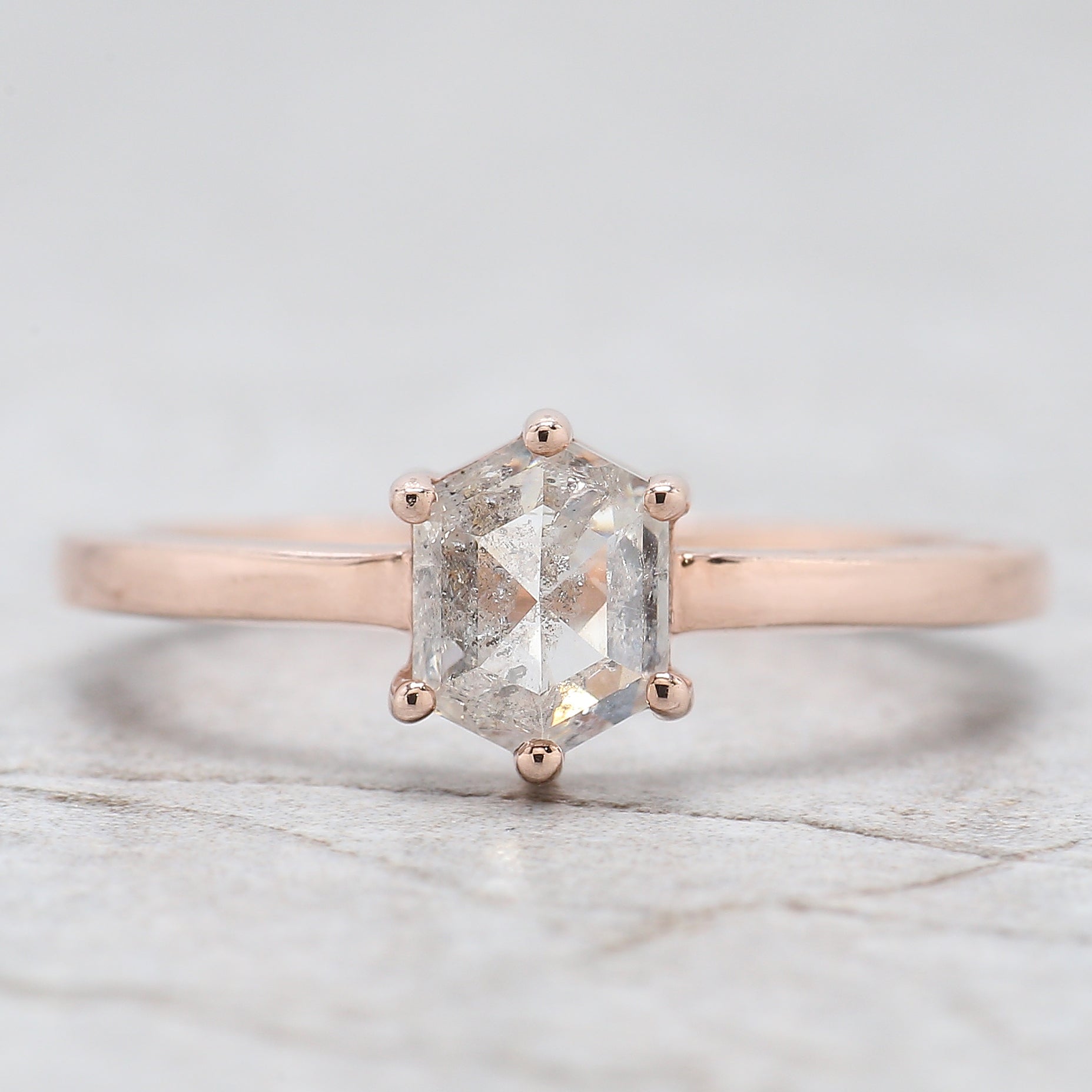 Hexagon Cut Salt And Pepper Diamond Ring 1.08 Ct 6.67 MM Hexagon Cut Diamond Ring 14K Rose Gold Silver Engagement Ring Gift For Her QL2576