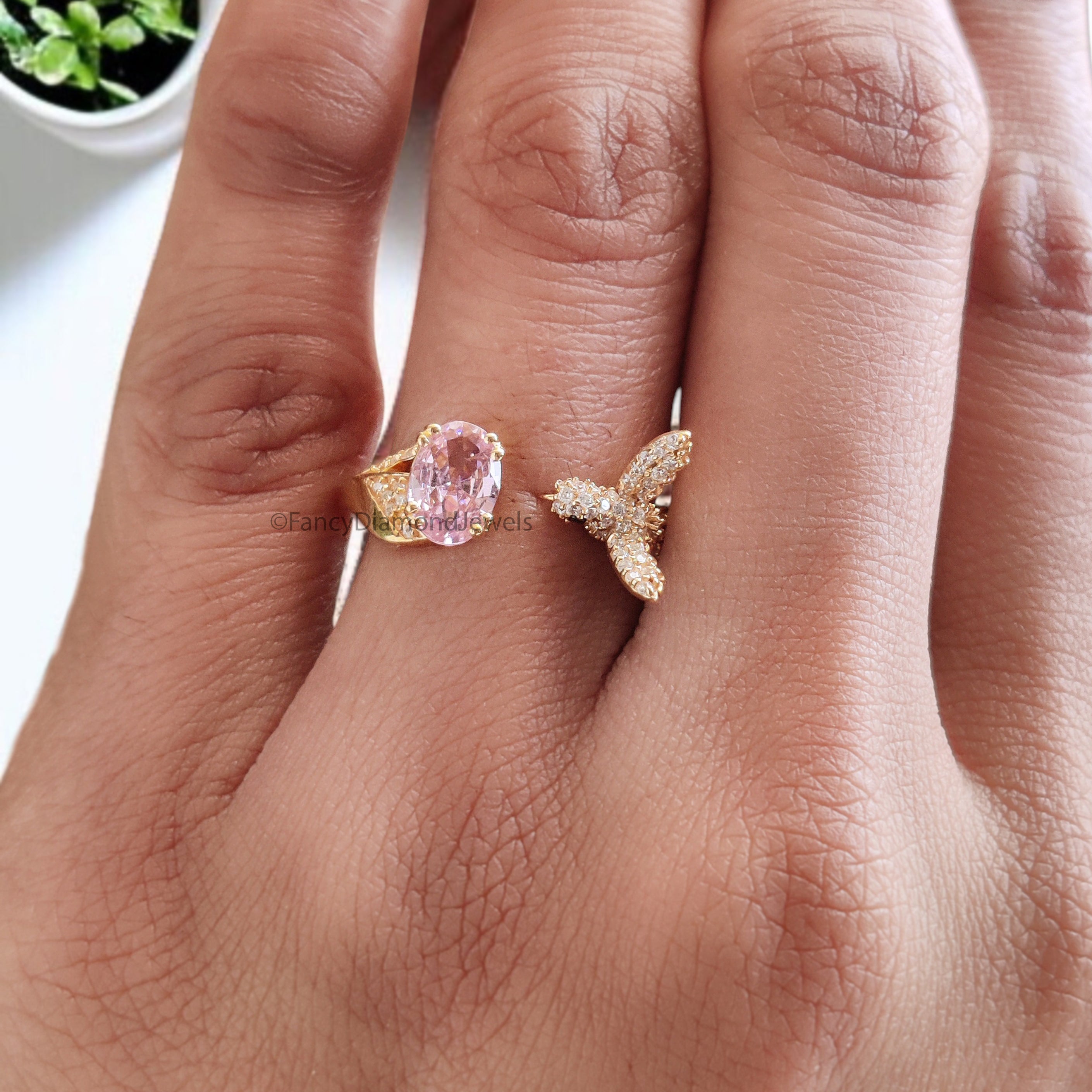 Oval Diamond Bird Ring Simulated Diamond Engagement Ring Yellow Plated Ring Anniversary Ring Simulant Pink Oval ring Gift For Her FD532