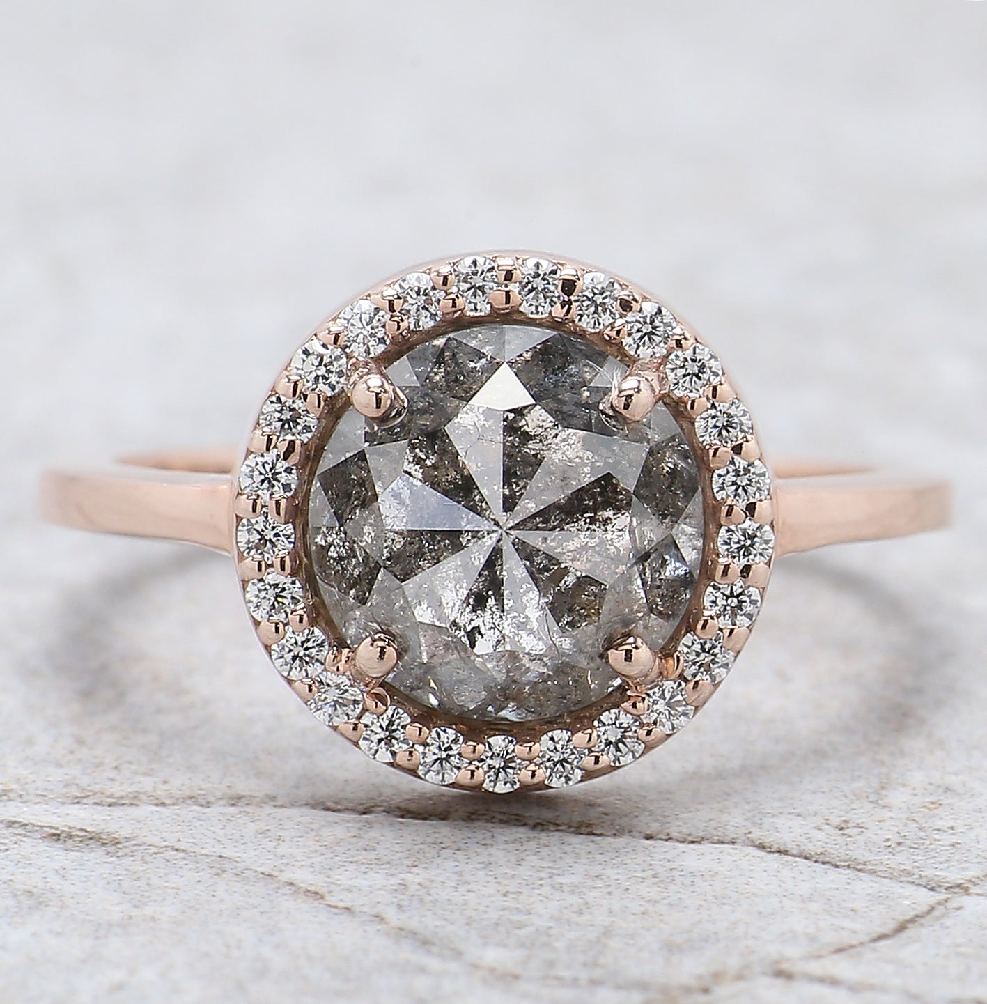 Round Rose Cut Salt And Pepper Diamond Ring 2.77 Ct 8.40 MM Round Diamond Ring 14K Rose Gold Silver Engagement Ring Gift For Her QL9731