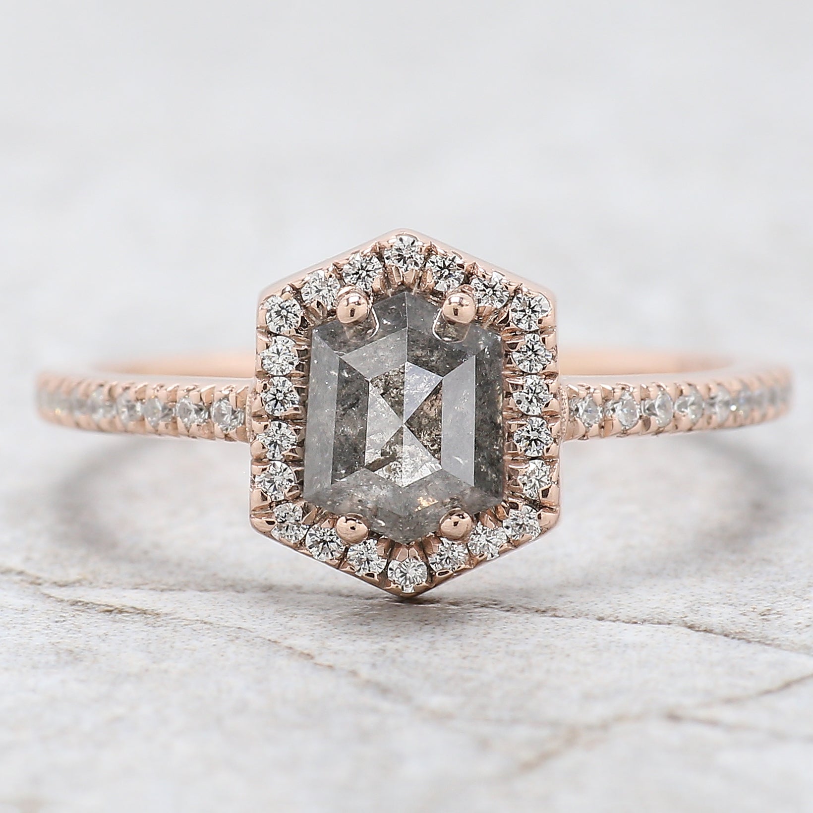 Hexagon Cut Salt And Pepper Diamond Ring 1.00 Ct 6.43 MM Hexagon Cut Diamond Ring 14K Rose Gold Silver Engagement Ring Gift For Her QL2077
