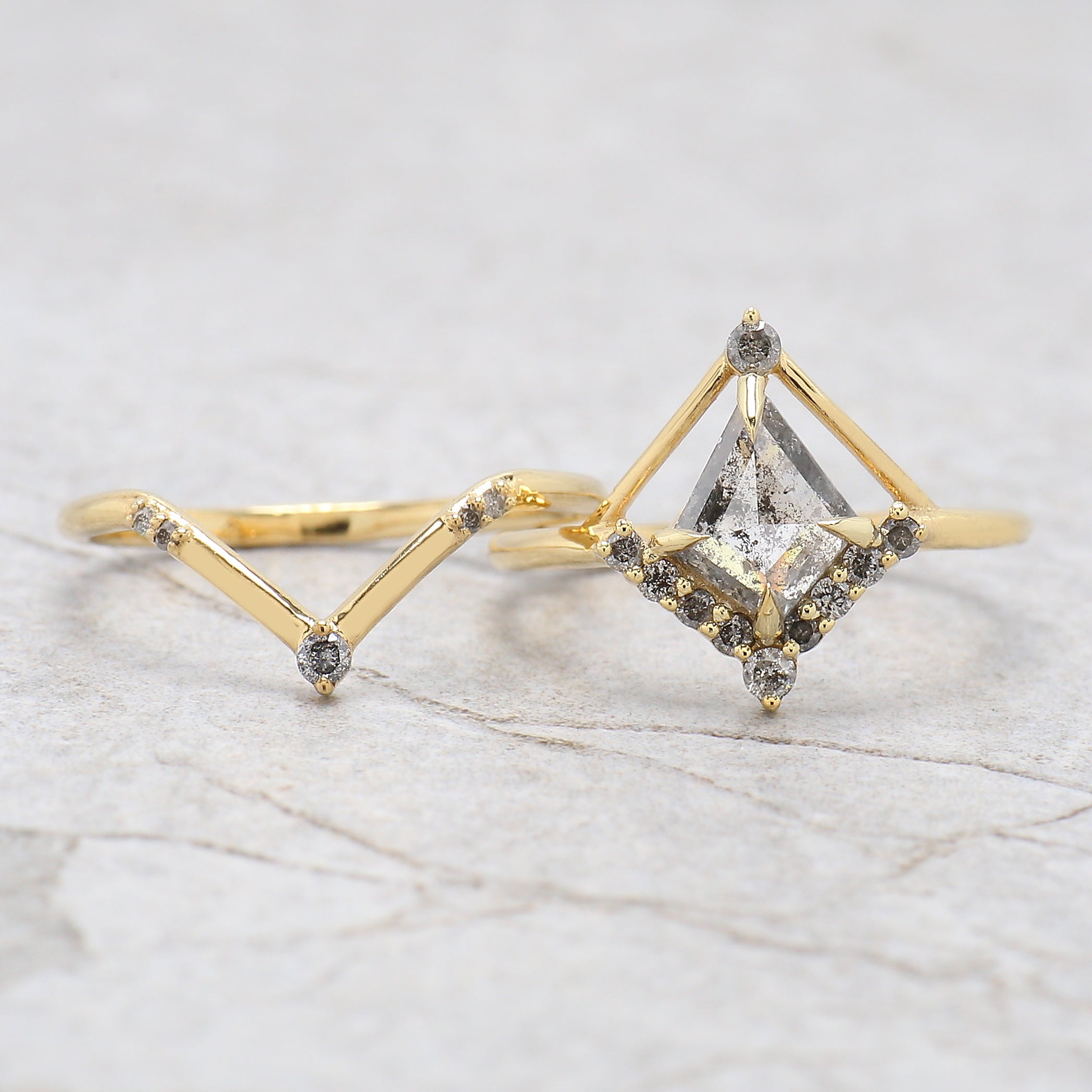Kite Cut Salt And Pepper Diamond Ring 1.05 CT 8.55 MM Kite Diamond Wedding Ring Set Yellow Gold Silver Engagement Ring Gift For Her KDL3325