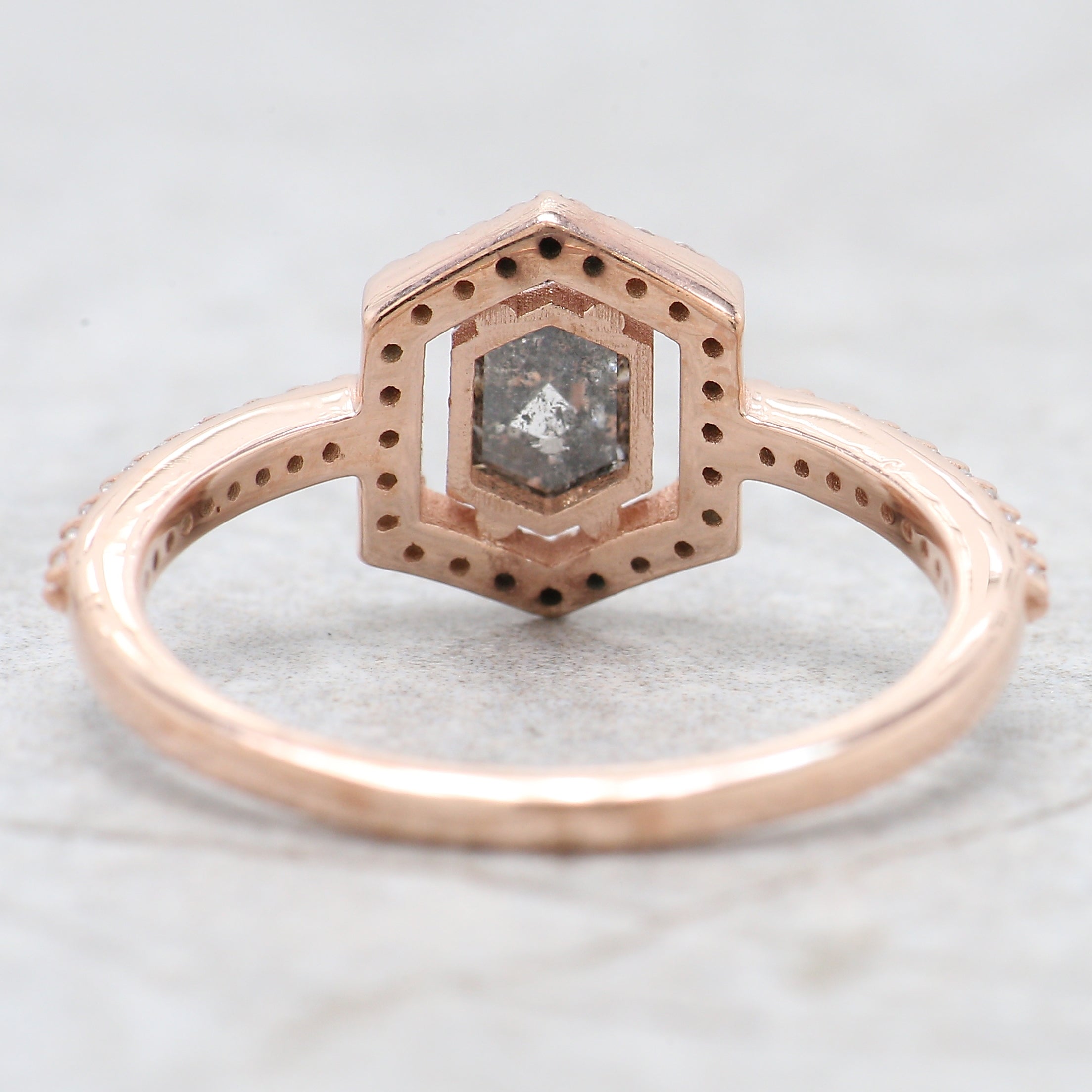 0.57 Ct Natural Hexagon Salt And Pepper Diamond Ring 5.40 MM Hexagon Shape Diamond Ring 14K Solid Rose Gold Silver Engagement Ring QN747