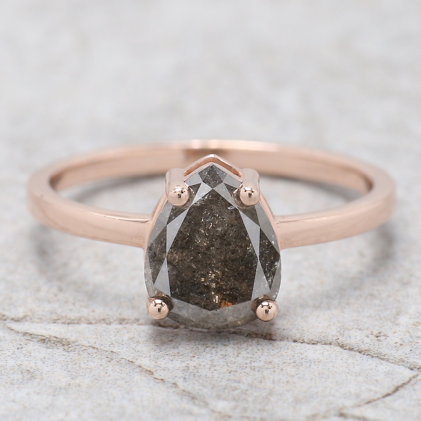 Pear Cut Salt And Pepper Diamond Ring 1.58 Ct 8.45 MM Pear Diamond Ring 14K Solid Rose Gold Silver Engagement Pear Ring Gift For Her QL1666