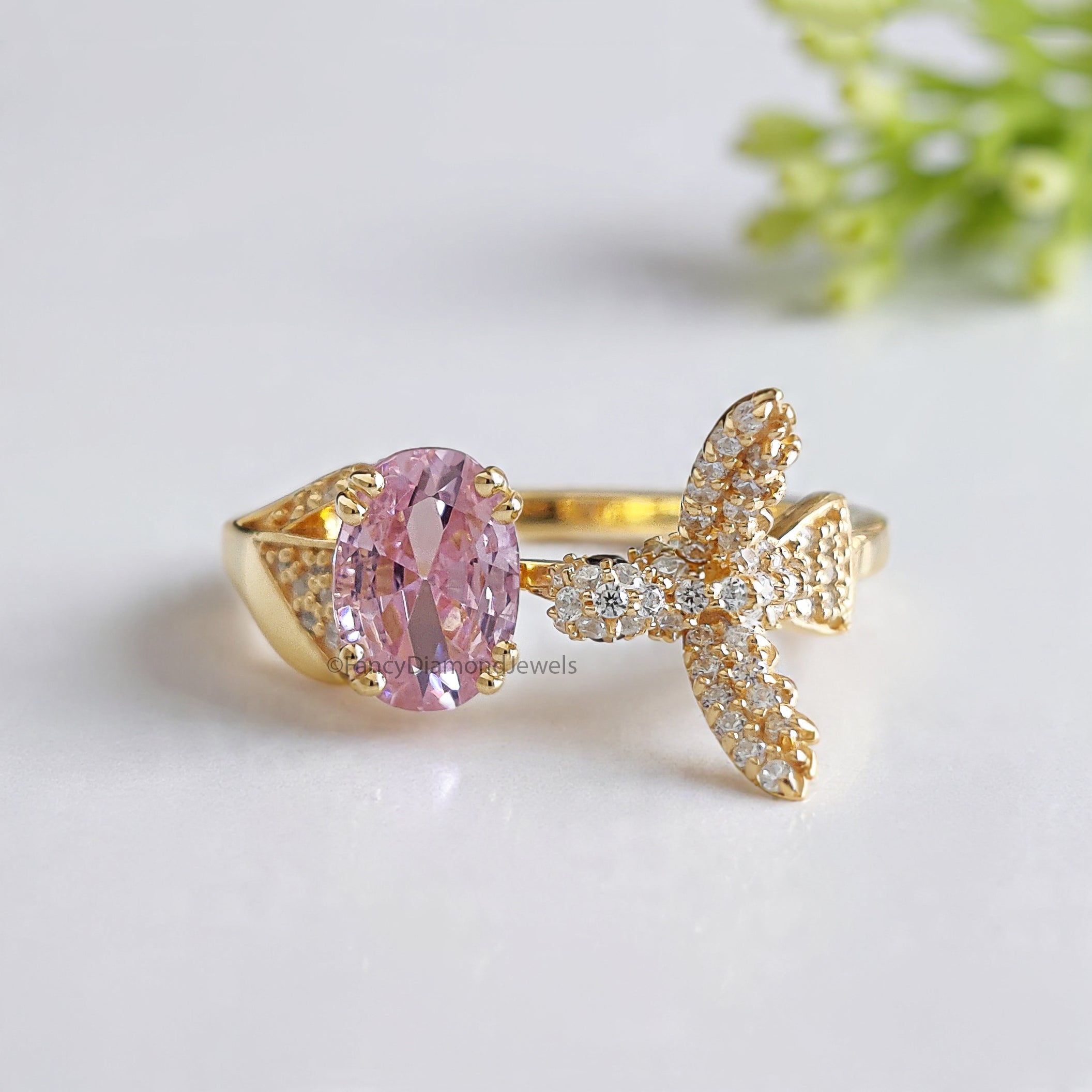 Oval Diamond Bird Ring Simulated Diamond Engagement Ring Yellow Plated Ring Anniversary Ring Simulant Pink Oval ring Gift For Her FD532