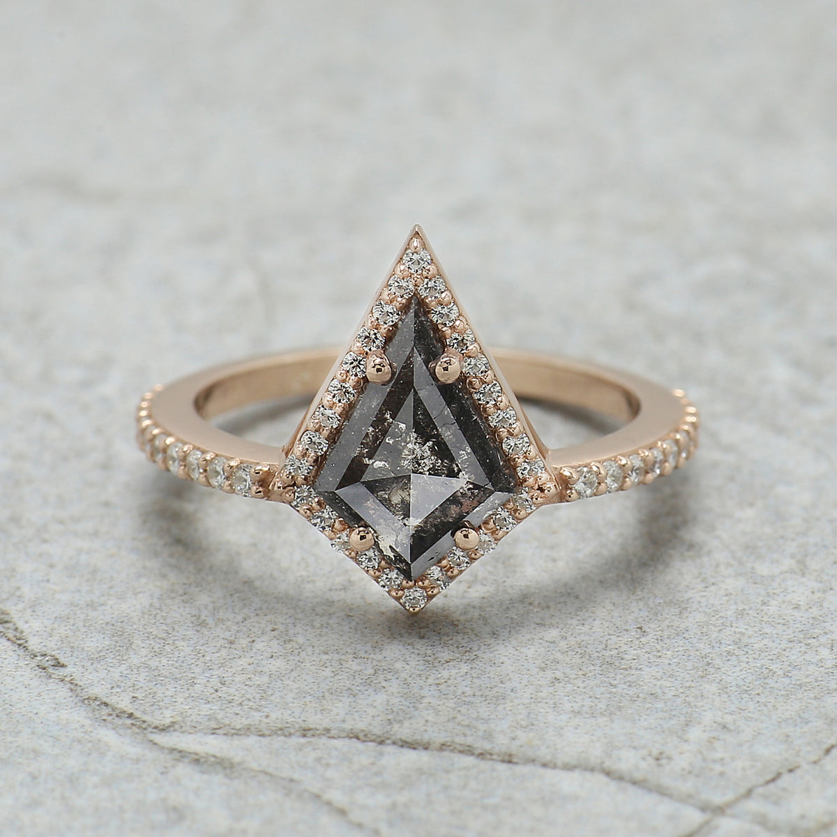 Kite Shape Salt and Pepper Diamond Engagement Ring, 14K Rose Gold Ring, Unique Geometric Diamond Ring, Minimalist Fine Jewelry Gift KDL3408
