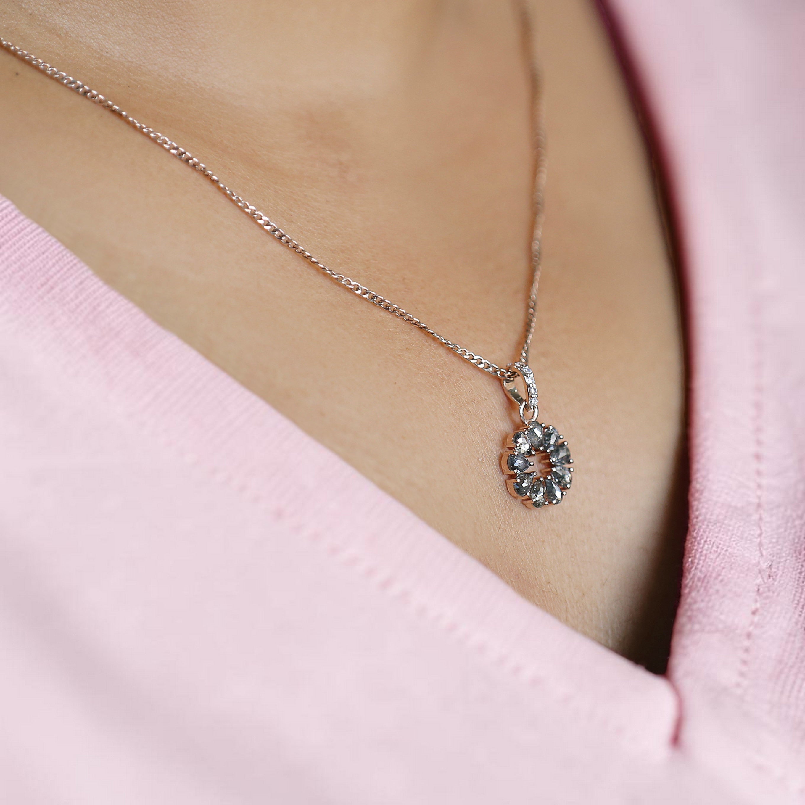 Pear Shape Salt and Pepper Diamond Pendant 0.49 Ct, 14K Solid Rose Gold Necklace, Rustic Diamond Engagement Pendant, Gift for Her KD1199