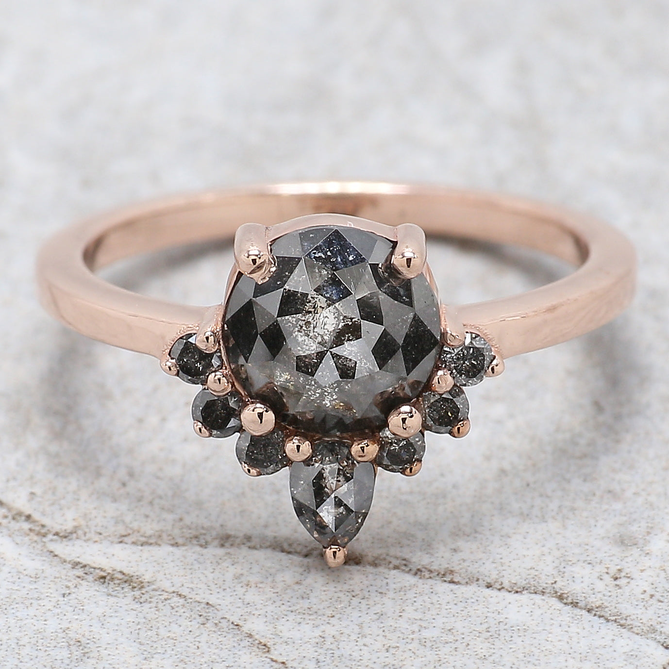 Round Rose Cut Salt And Pepper Diamond Ring 1.47 Ct 7.00 MM Rose Diamond Ring 14K Solid Rose Gold Silver Engagement Ring Gift For Her QL1206