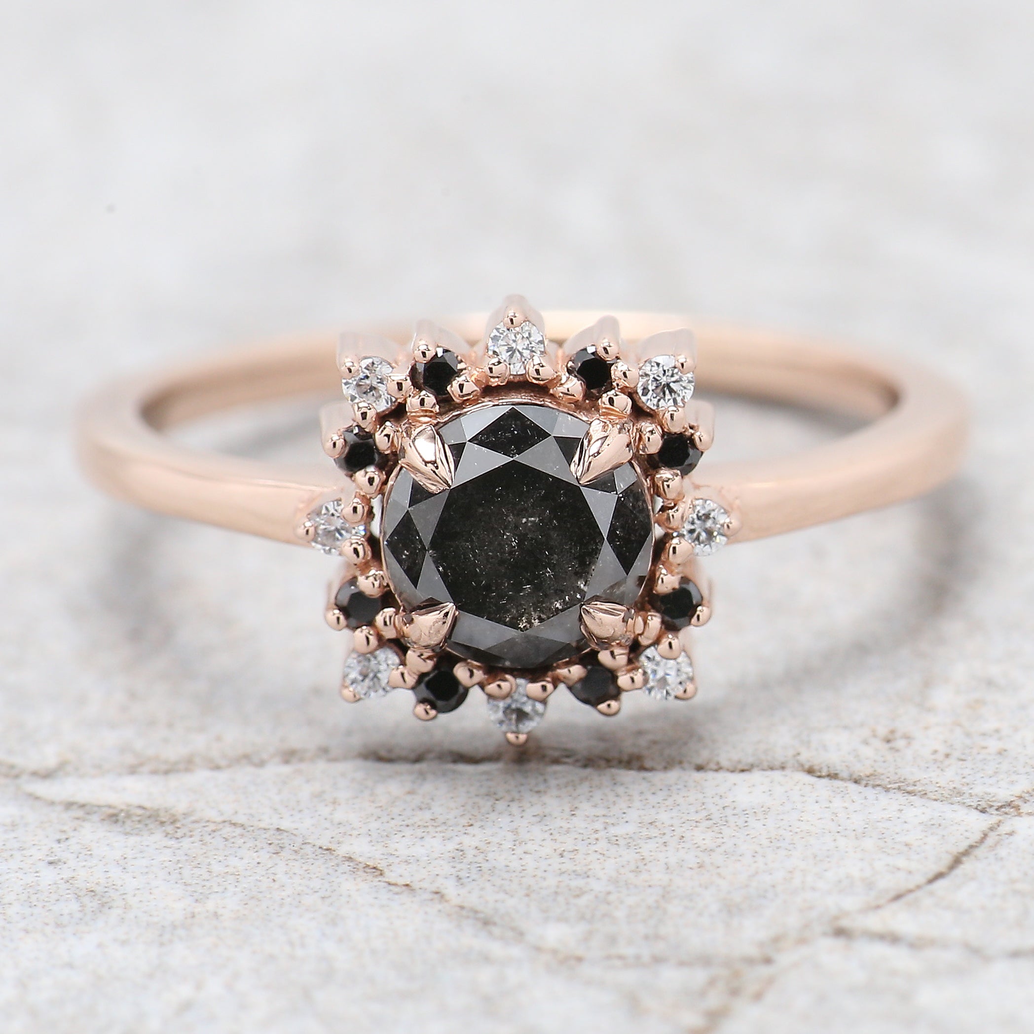 Round Cut Salt And Pepper Diamond Ring 0.83 Ct 5.69 MM Round Diamond Ring 14K Solid Rose Gold Silver Engagement Ring Gift For Her QL2168