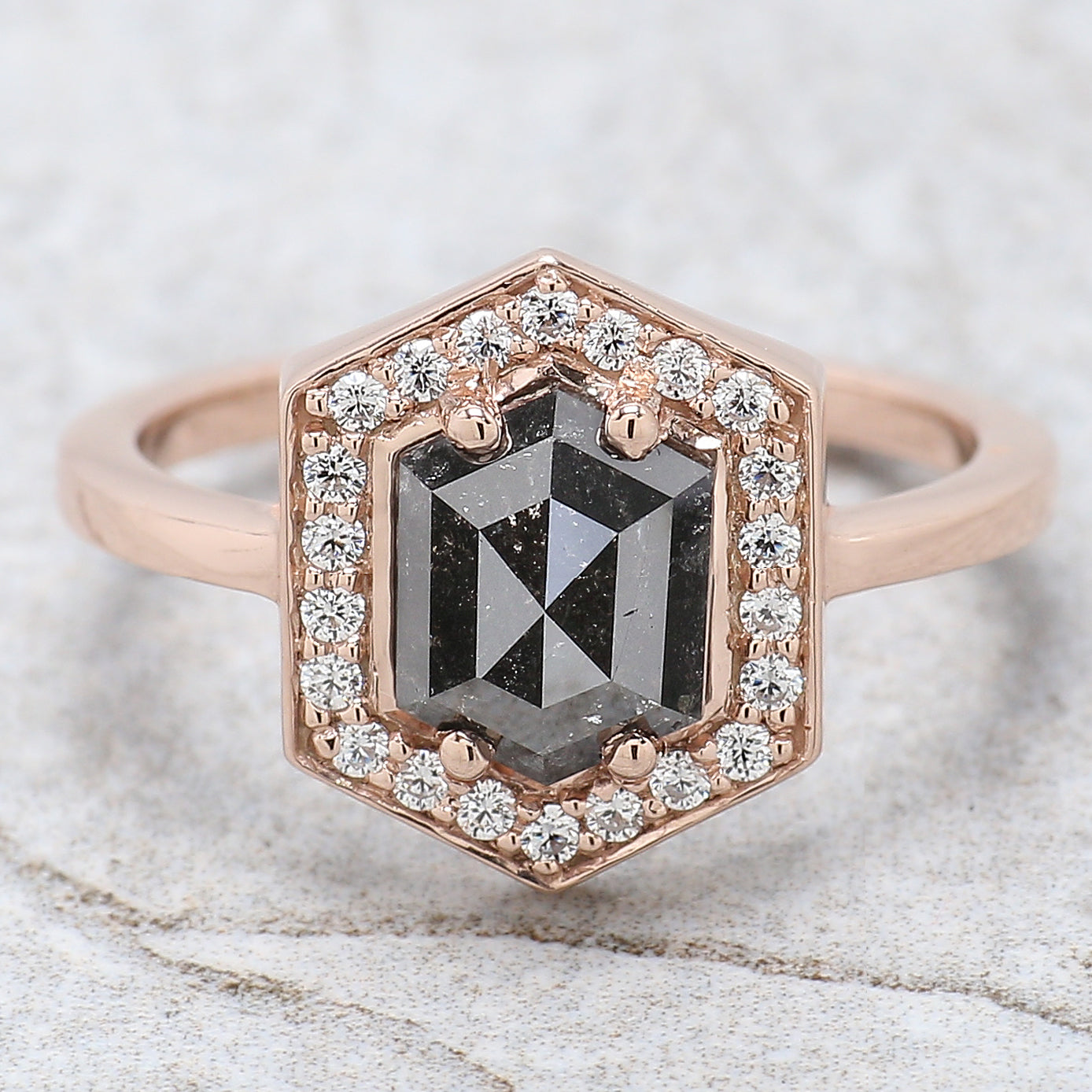 Hexagon Cut Salt And Pepper Diamond Ring 1.55 Ct 8.00 MM Hexagon Diamond Ring 14K Solid Rose Gold Silver Engagement Ring Gift For Her QL734