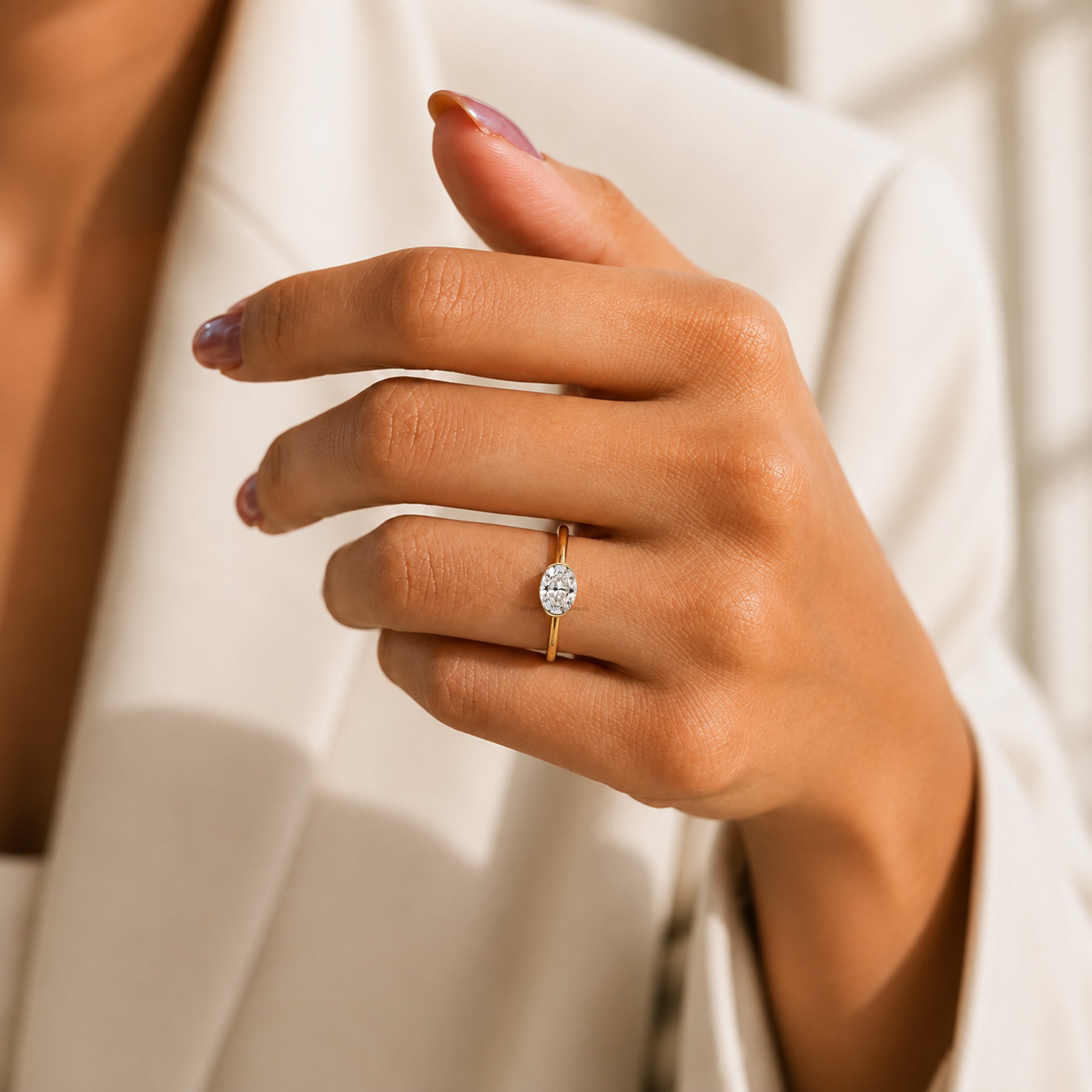 Oval Shape Lab Grown Diamond Half Bezel Ring Solid Gold, Thin Dainty Ring, Oval Diamond Pinky Ring, Minimal Wedding Band Gift For Her FD564