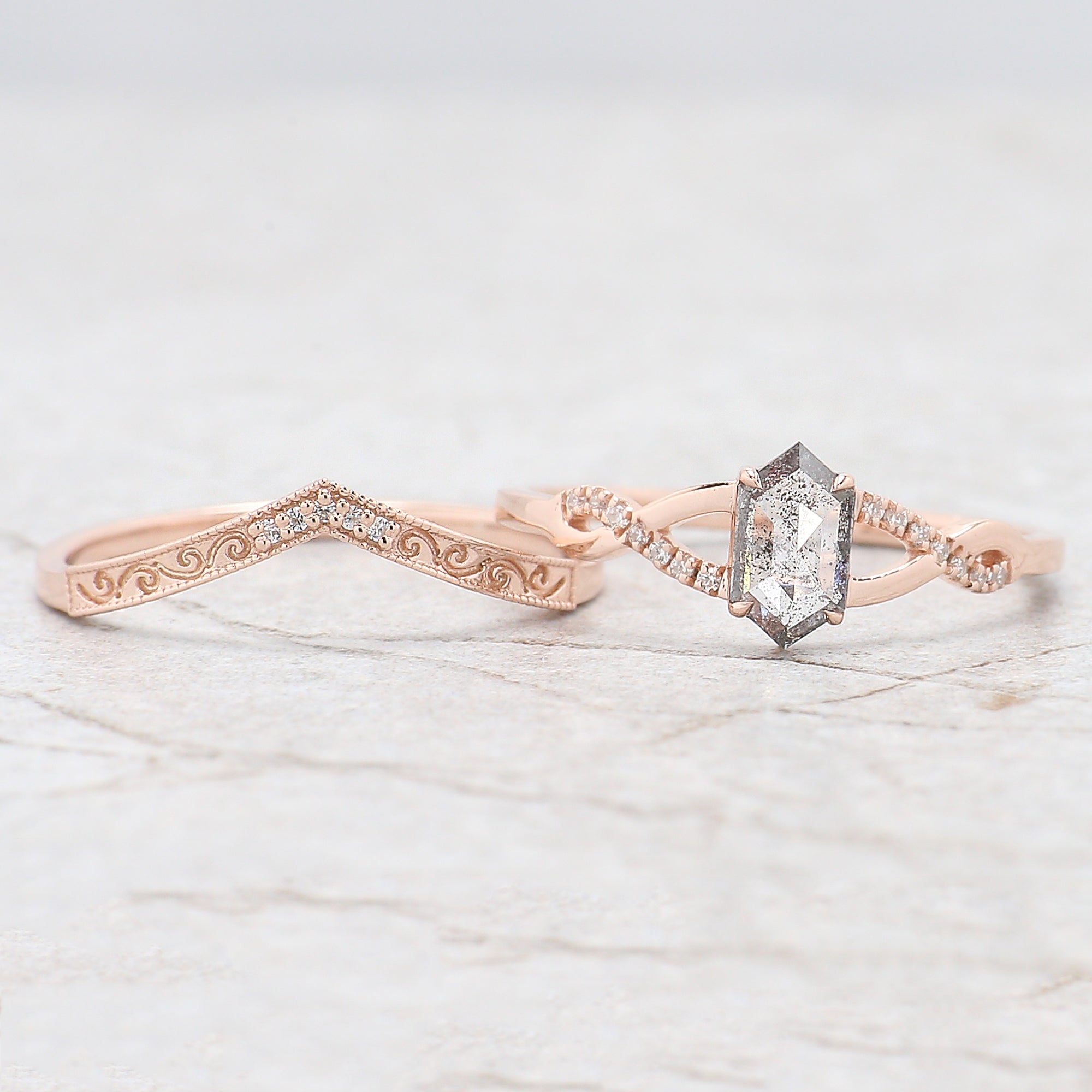 Hexagon Cut Salt And Pepper Diamond Ring 0.46 Ct 6.74 MM Hexagon Diamond Ring 14K Solid Rose Gold Silver Engagement Ring Gift For Her QN2139