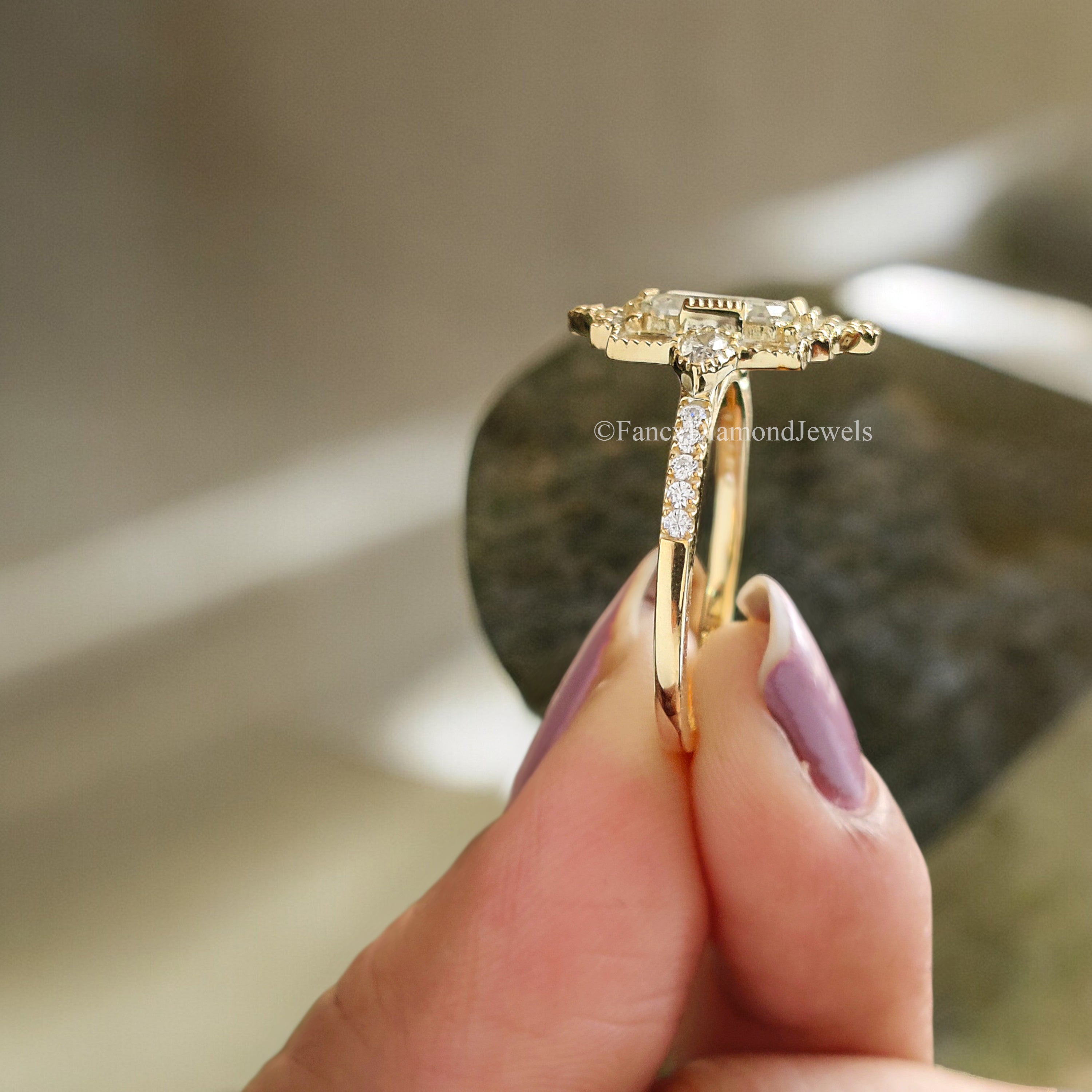 1.00 CT Emerald Cut Vintage Bridal Engagement Ring Baguette wedding ring Unique art deco ring Pear halo ring Starburst ring For Her FD188