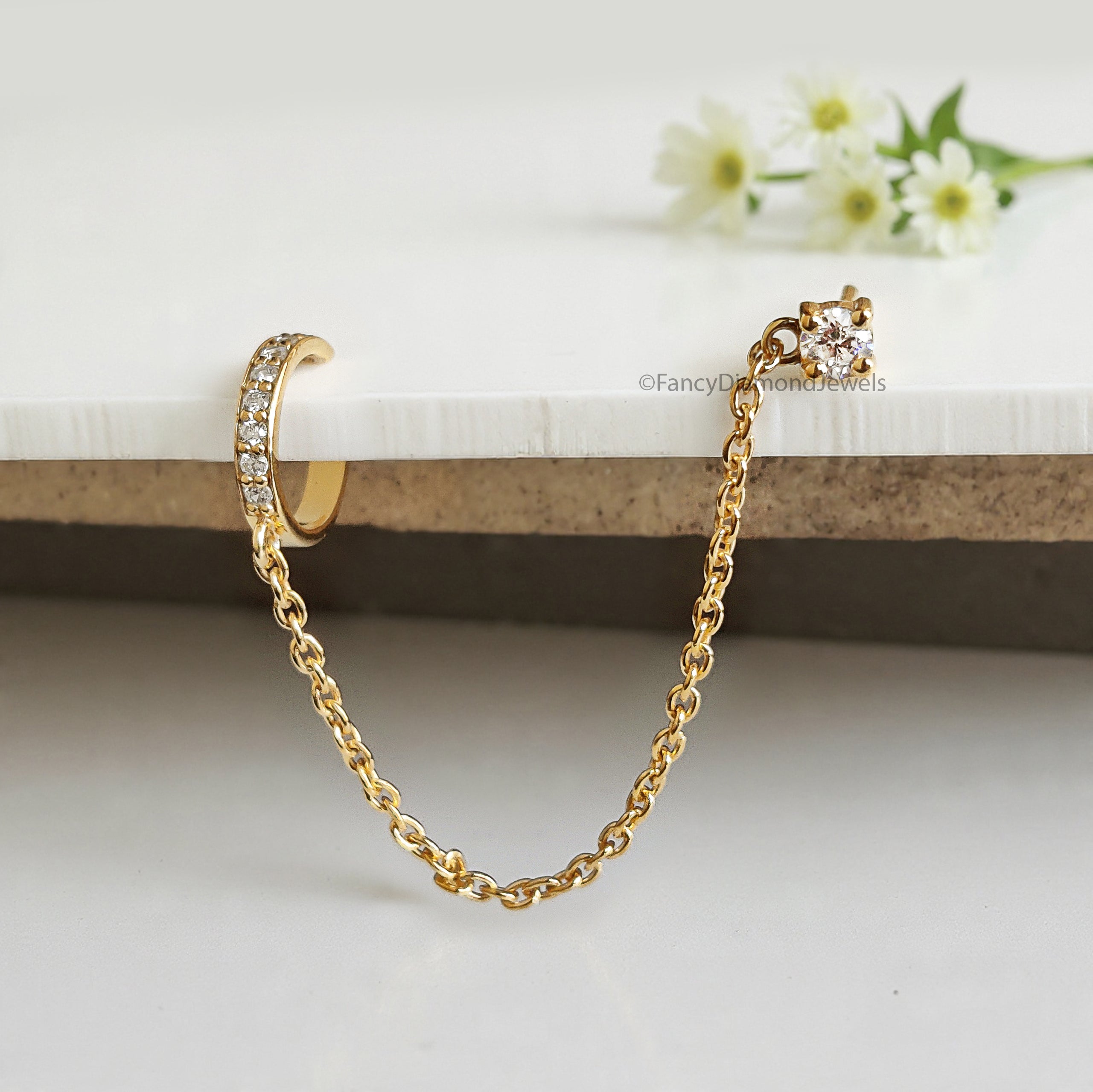 Minimalist Pave Ear Cuff Chain Earrings Round Diamond Stud Dangle Earrings in Gold and Sterling Silver Trendy Ear Cuff Chain Earrings FD533