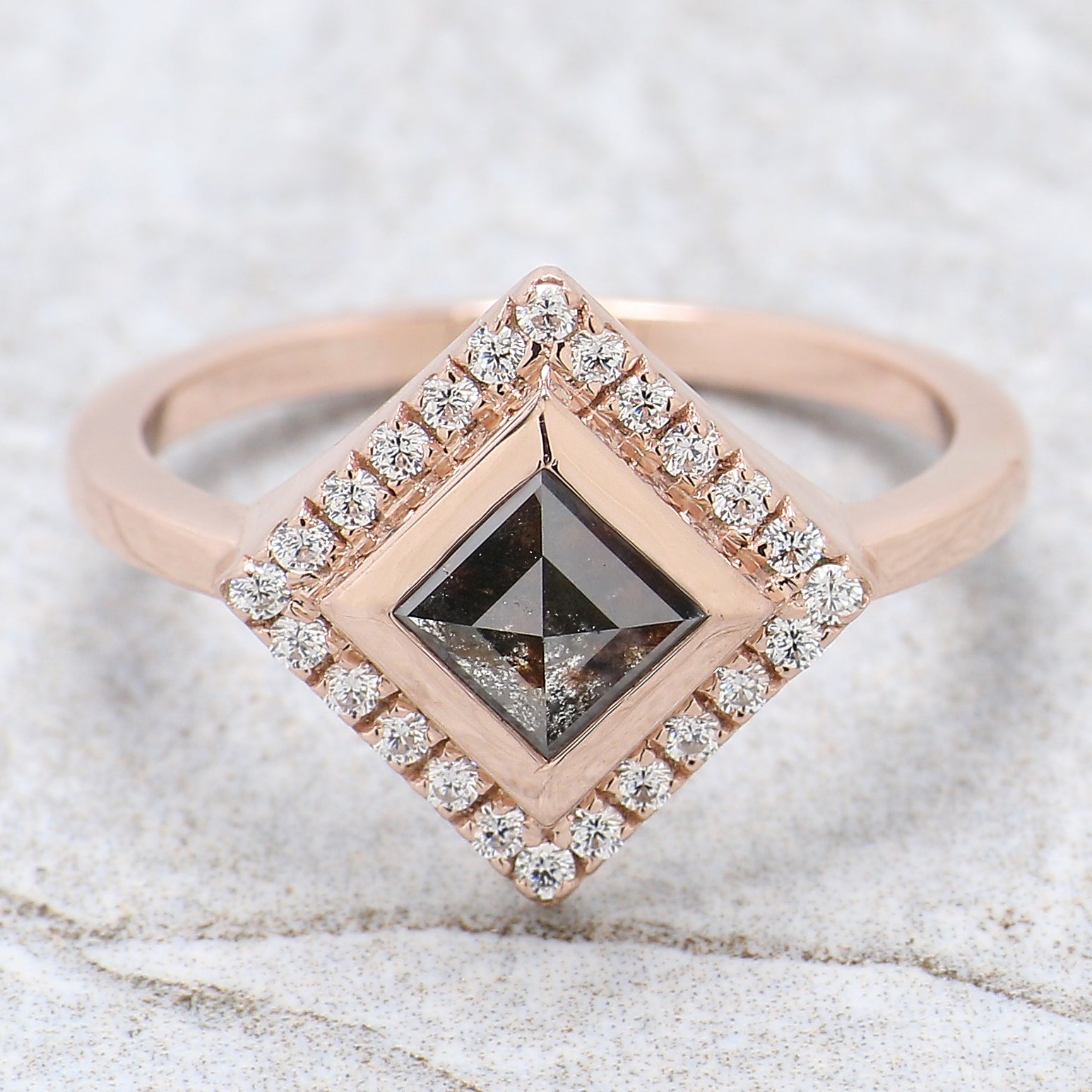 Kite Cut Salt And Pepper Diamond Ring 0.94 Ct 7.50 MM Kite Diamond Ring 14K Solid Rose Gold Silver Kite Engagement Ring Gift For Her QN489