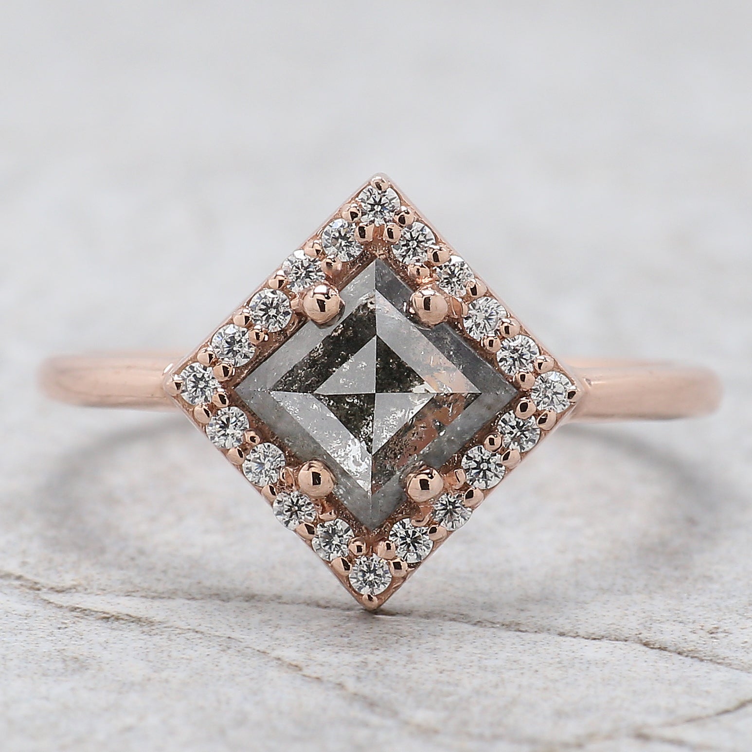 Kite Cut Salt And Pepper Diamond Ring 0.88 Ct 7.79 MM Kite Diamond Ring 14K Solid Rose Gold Silver Kite Engagement Ring Gift For Her QL2107