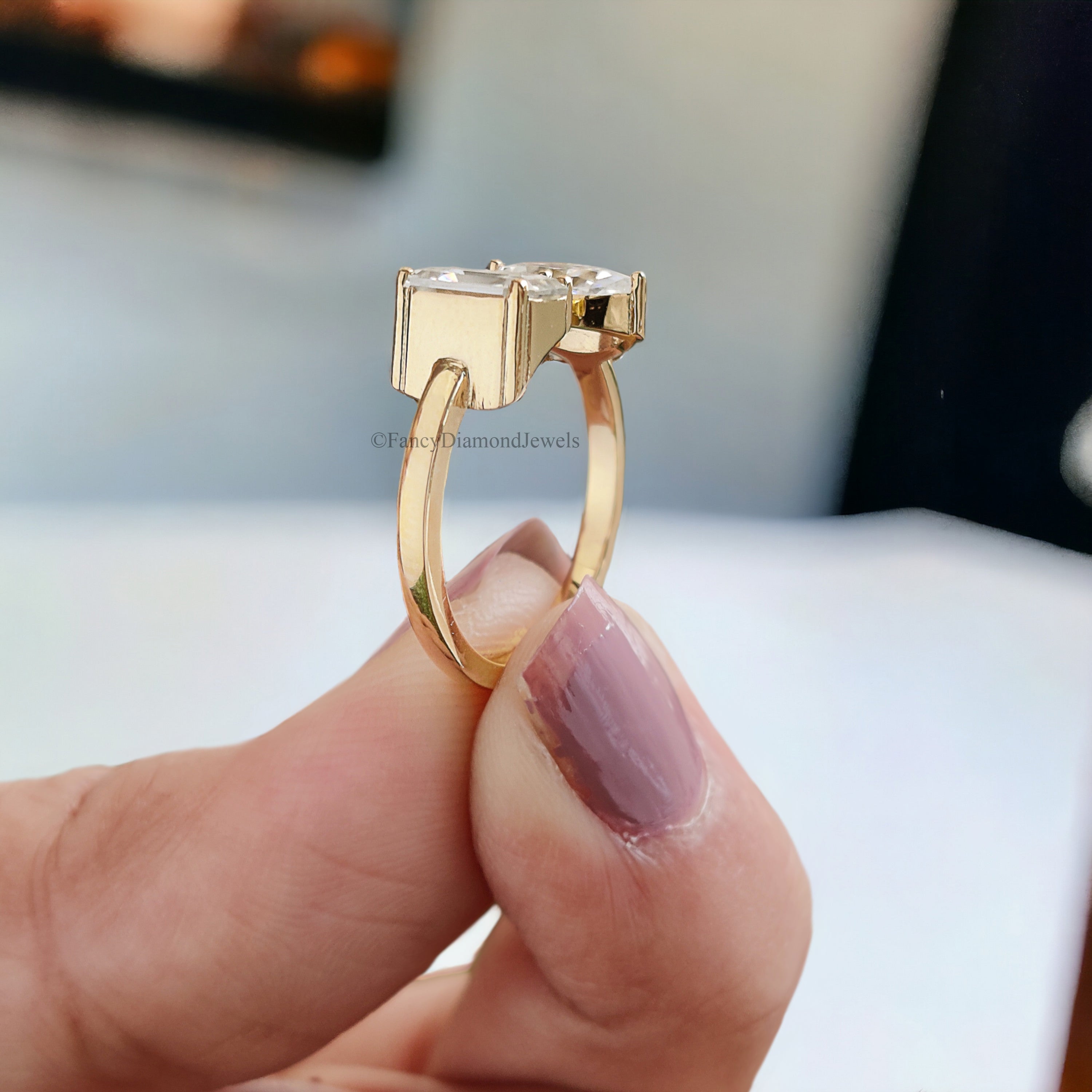 Toi Et Moi Moissanite Ring Marquise And Emerald Moissanite Wedding Ring Colorless Moissanite Engagement Ring Open Cuff Proposal Ring FD141