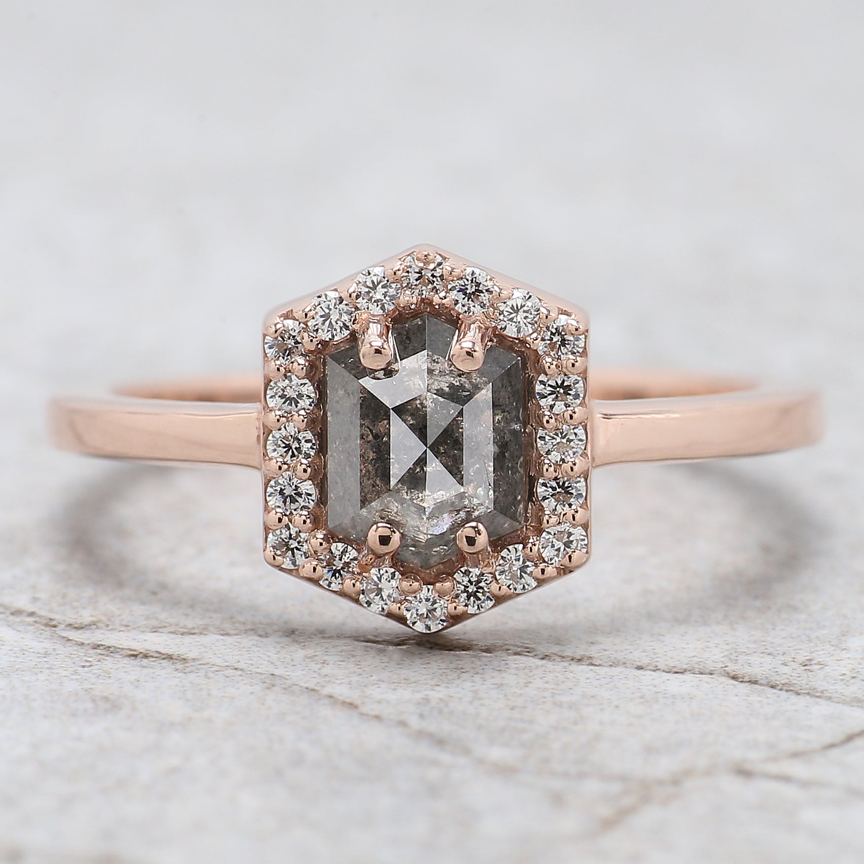 Hexagon Cut Salt And Pepper Diamond Ring 0.95 Ct 6.40 MM Hexagon Diamond Ring 14K Solid Rose Gold Silver Engagement Ring Gift For Her QN1448
