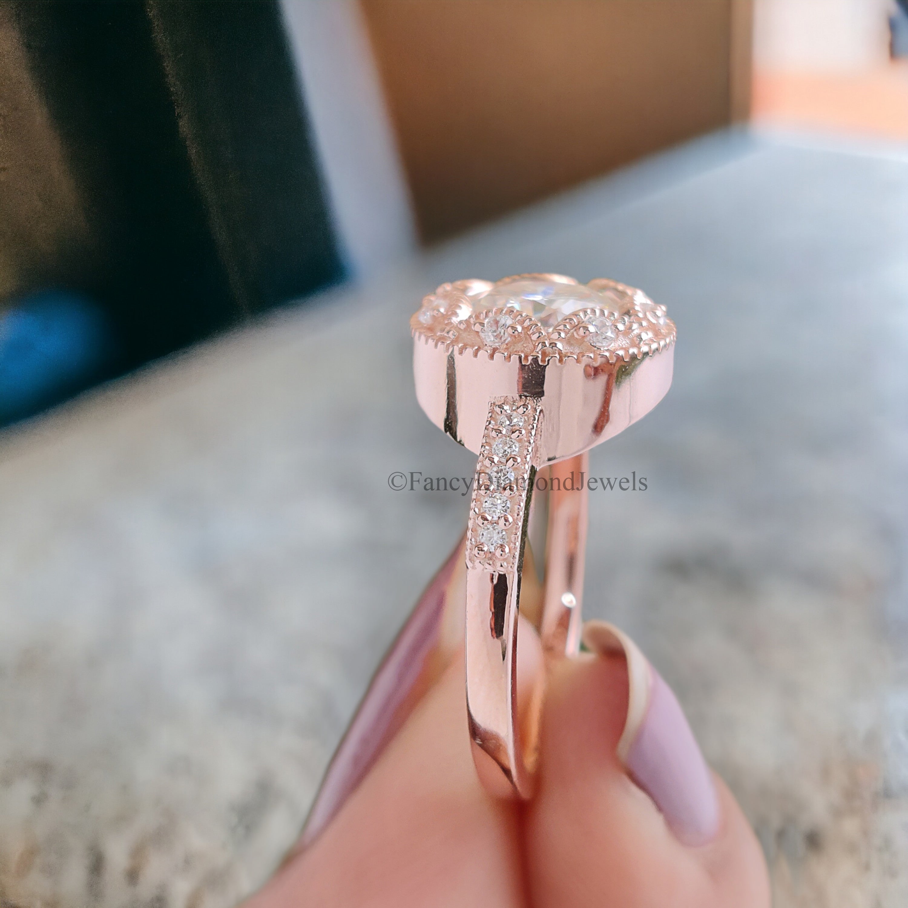 Round Cut Moissanite Engagement Ring Halo Milgrain Engagement Ring Handmade Jewelry Rose Gold Wedding Ring Surprise Gifts for Her FD166