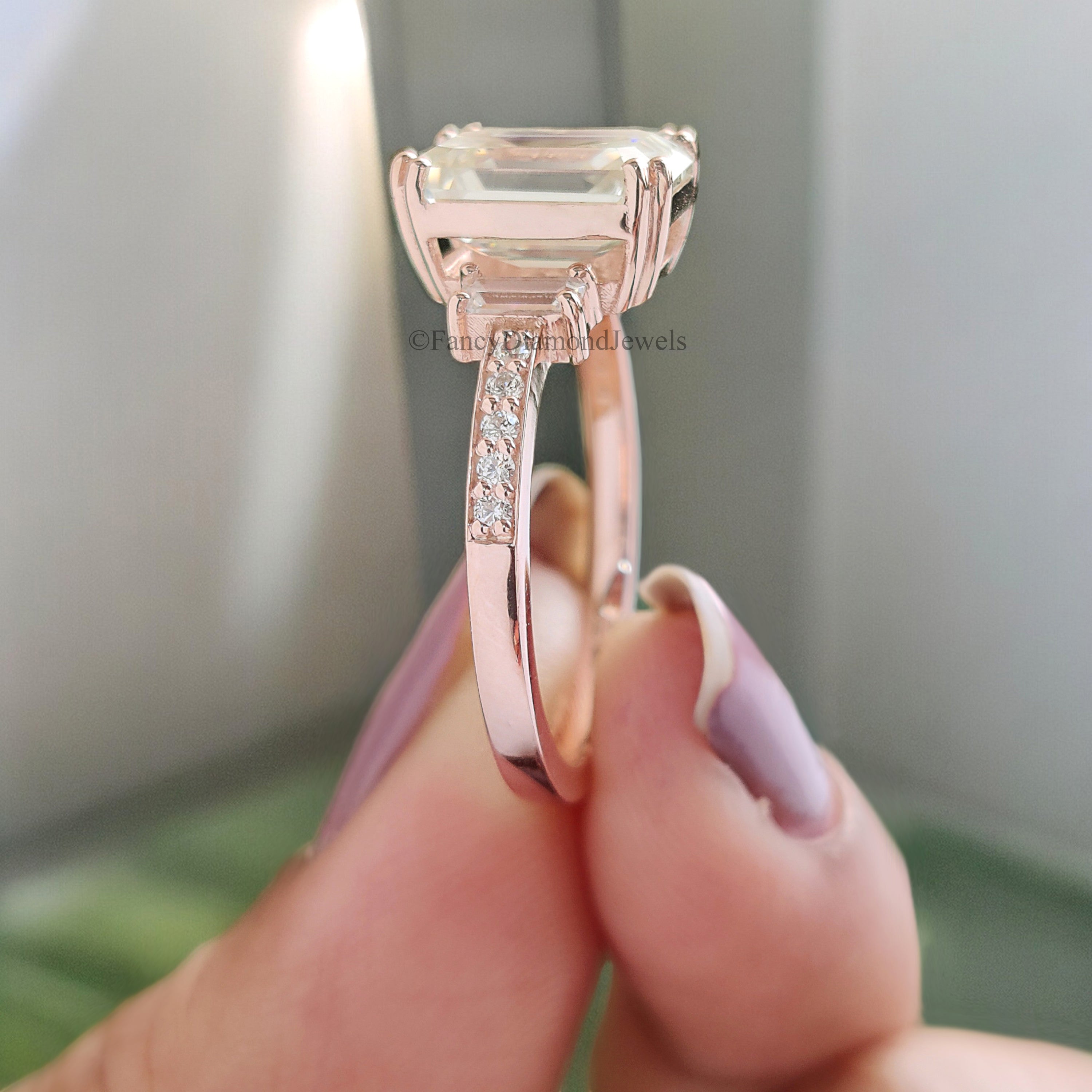 Vintage Emerald Cut Moissanite Ring Three Stone Engagement Ring Bridal Wedding Ring Anniversary Gift Ring Valentine's Gift For Women FD191