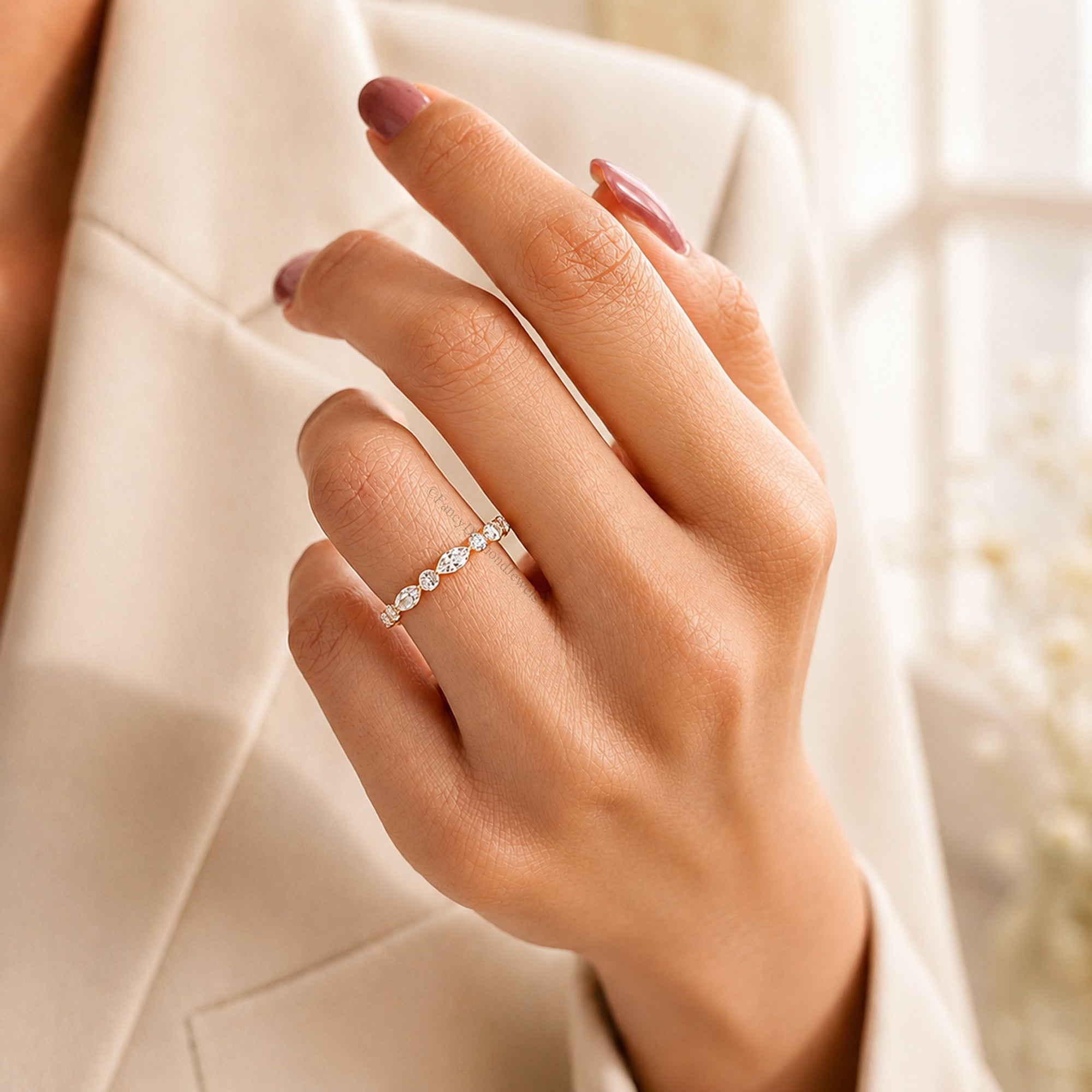 14K Moissanite Diamond Wedding Band, Alternating Marquise and Round Cut Dainty Stackable Eternity Ring, Bridal Anniversary Gifts FD586