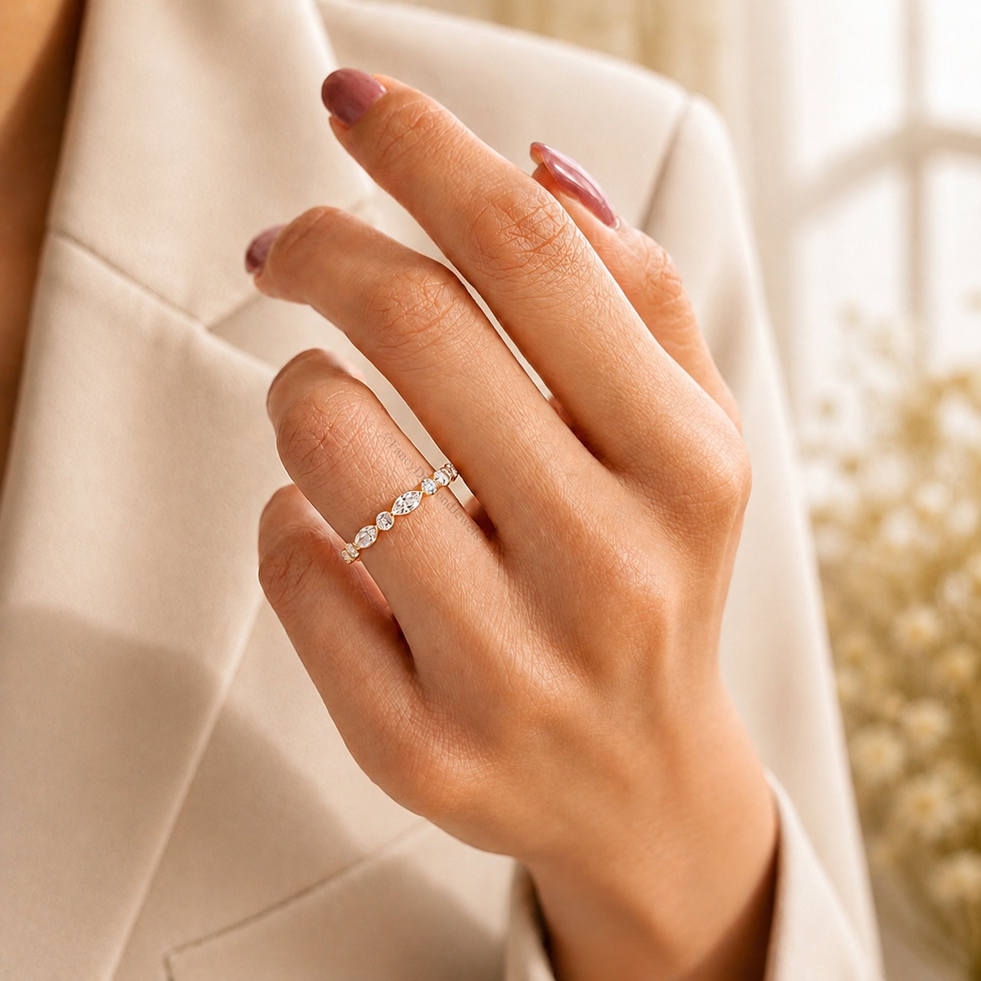 Marquise And Round Diamond Half Eternity Band Dainty Gold Stacking Ring Wedding Anniversary Gift for Her Minimalist Fine Jewelry FD587