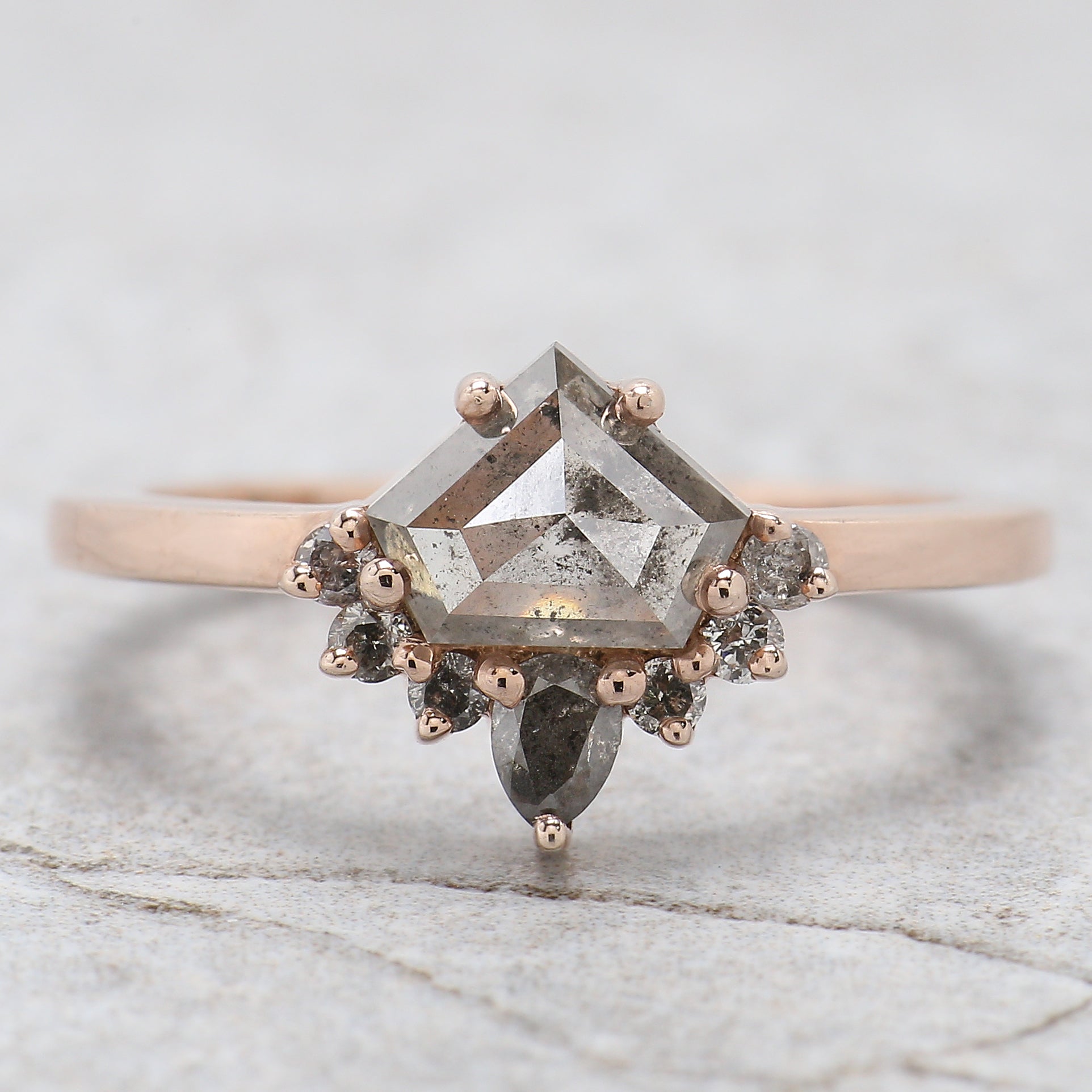 Shield Cut Salt And Pepper Diamond Ring 1.29 Ct 6.00 MM Shield Diamond Ring 14K Solid Rose Gold Silver Engagement Ring Gift For Her QK2172