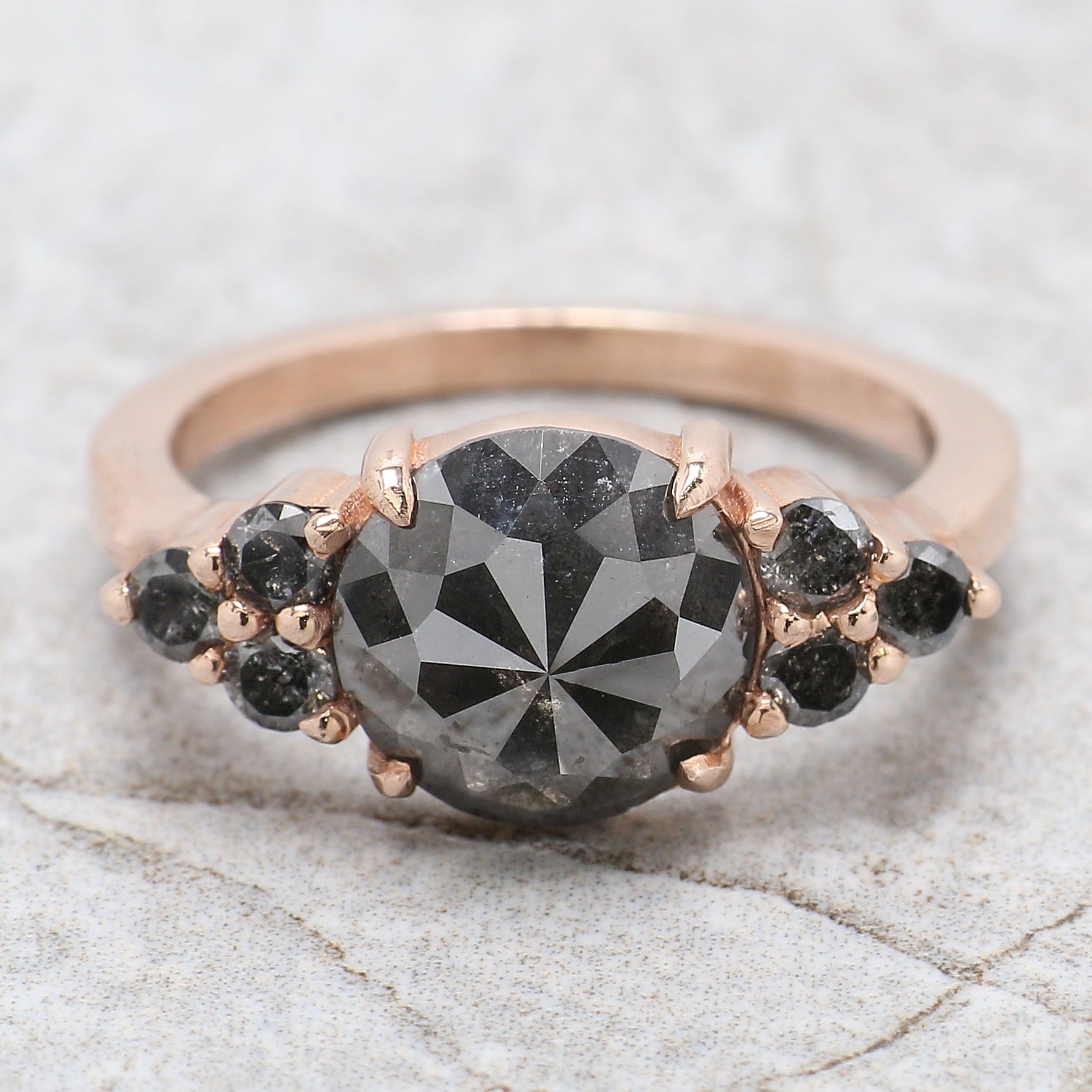 Round Rose Cut Salt And Pepper Diamond Ring 2.69 Ct 9.00 MM Round Diamond Ring 14K Rose Gold Silver Engagement Ring Gift For Her QL180