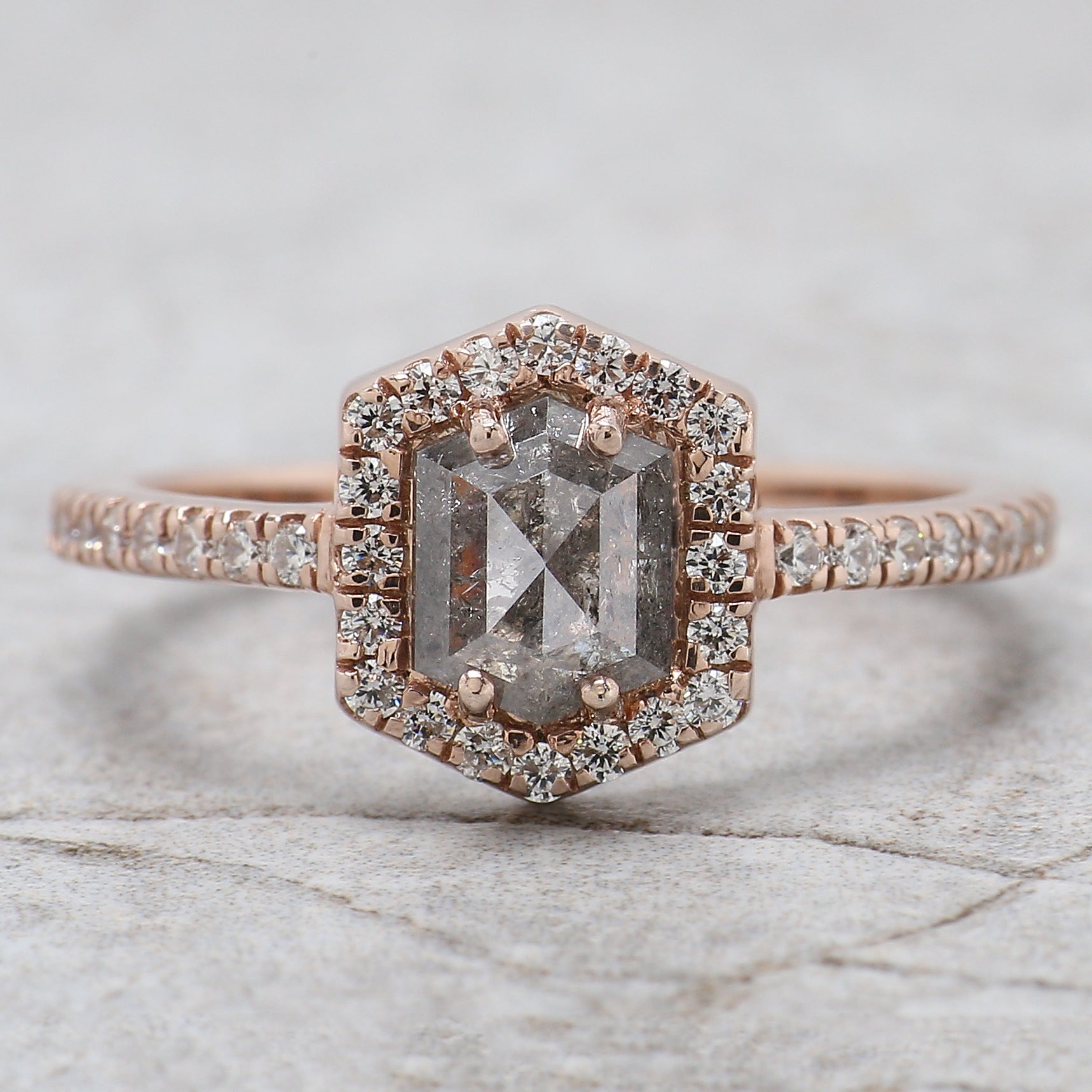 Hexagon Cut Salt And Pepper Diamond Ring 0.88 Ct 6.55 MM Hexagon Diamond Ring 14K Solid Rose Gold Silver Engagement Ring Gift For Her QN1460