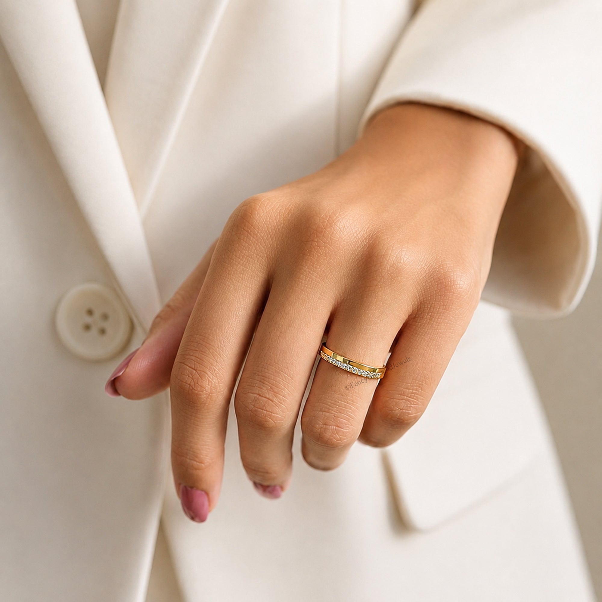 14K Gold Moissanite Half Eternity Band, Minimalist Wedding Ring, Stackable Promise Ring, Thin Pave Band, Anniversary Gift for Her FD593
