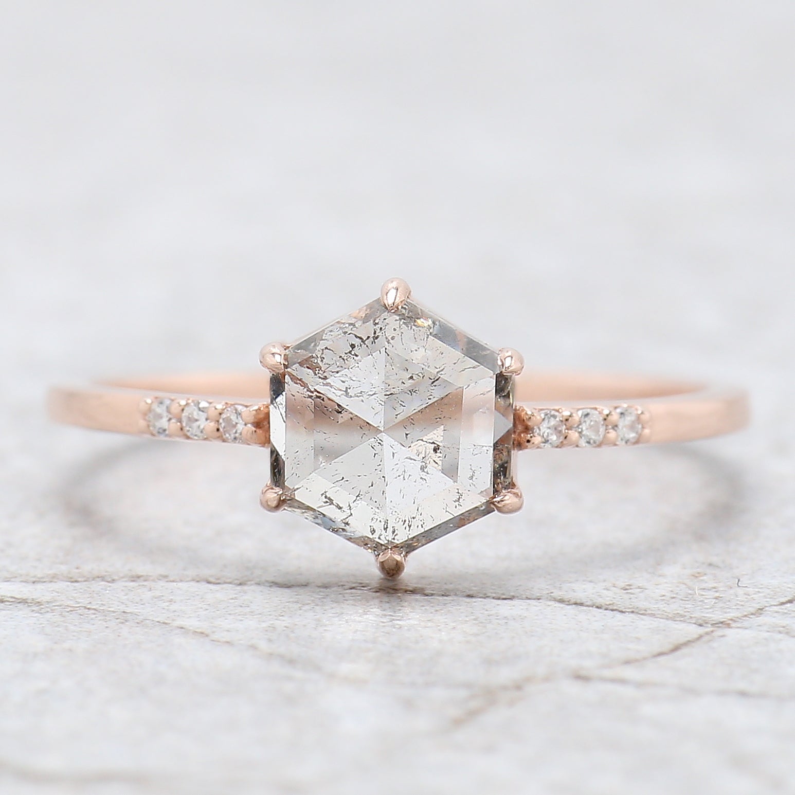 Hexagon Cut Salt And Pepper Diamond Ring 1.34 Ct 7.32 MM Hexagon Cut Diamond Ring 14K Rose Gold Silver Engagement Ring Gift For Her QL2626