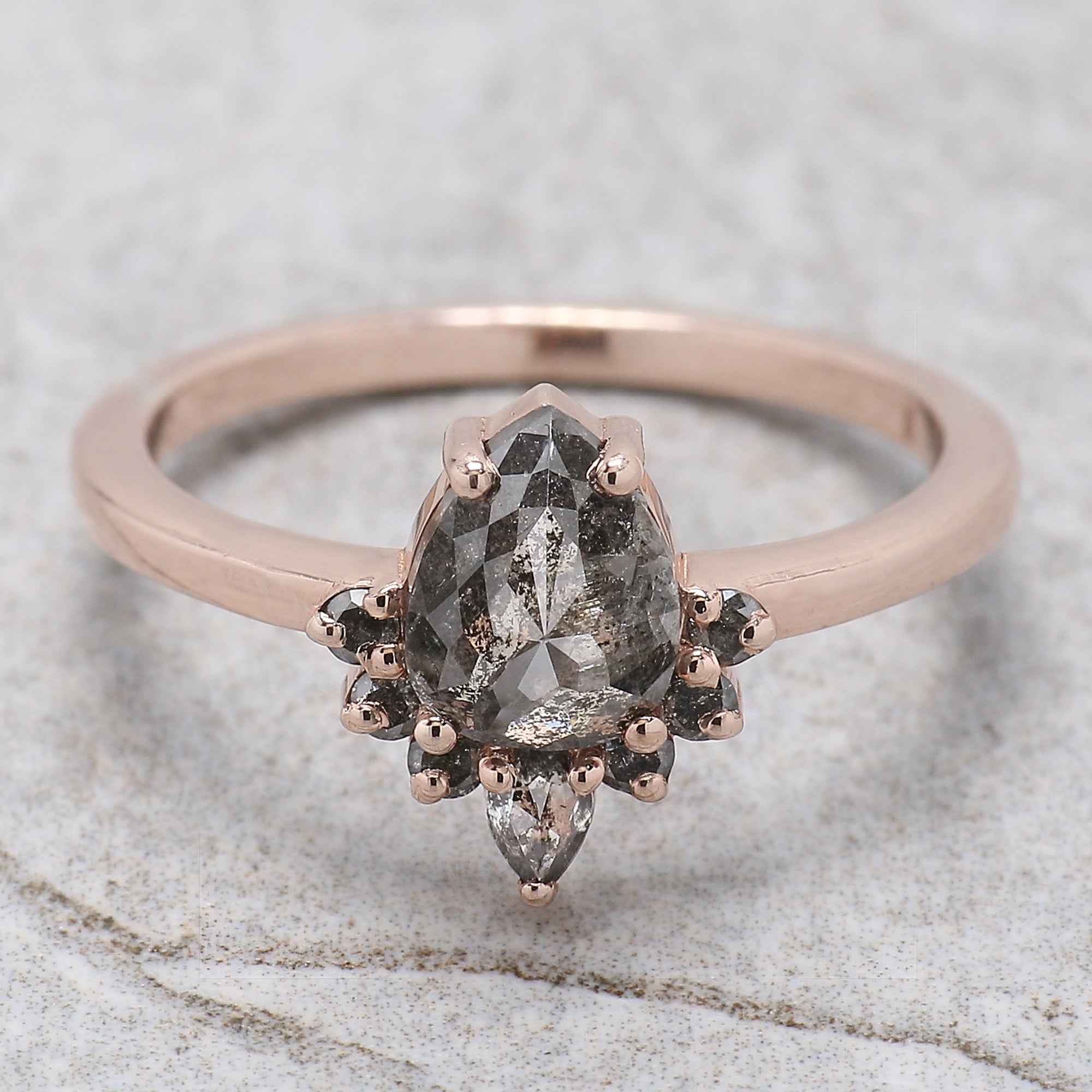 0.91 Ct Natural Pear Shape Salt And Pepper Diamond Ring 7.20 MM Pear Cut Diamond Ring 14K Solid Rose Gold Silver Engagement Ring QL1665