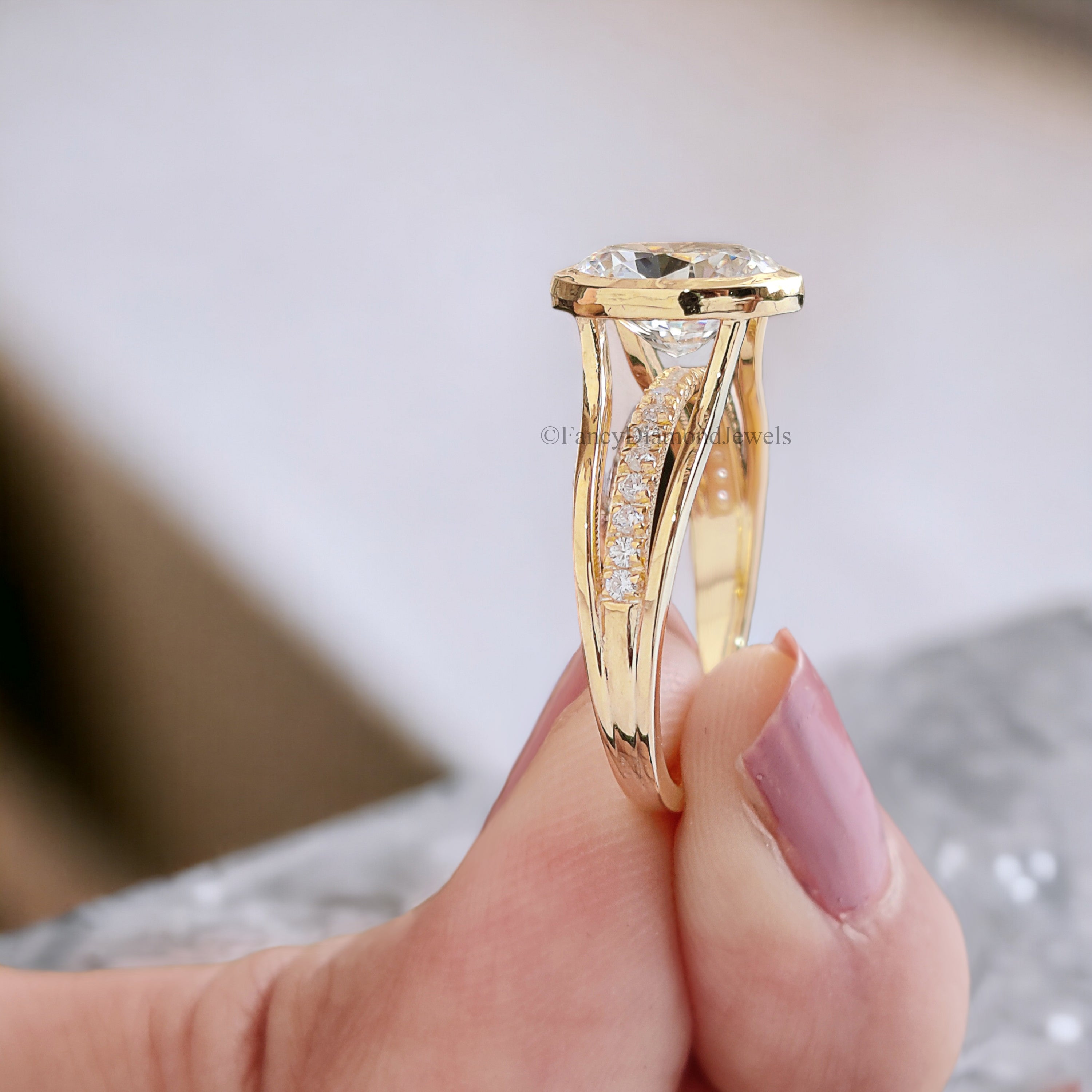 3.30 CT Vintage Style Oval Cut Solitaire With Accent Moissanite Engagement Ring Full Bezel Diamond Ring Split Shank Ring 14K Gold Ring FD147