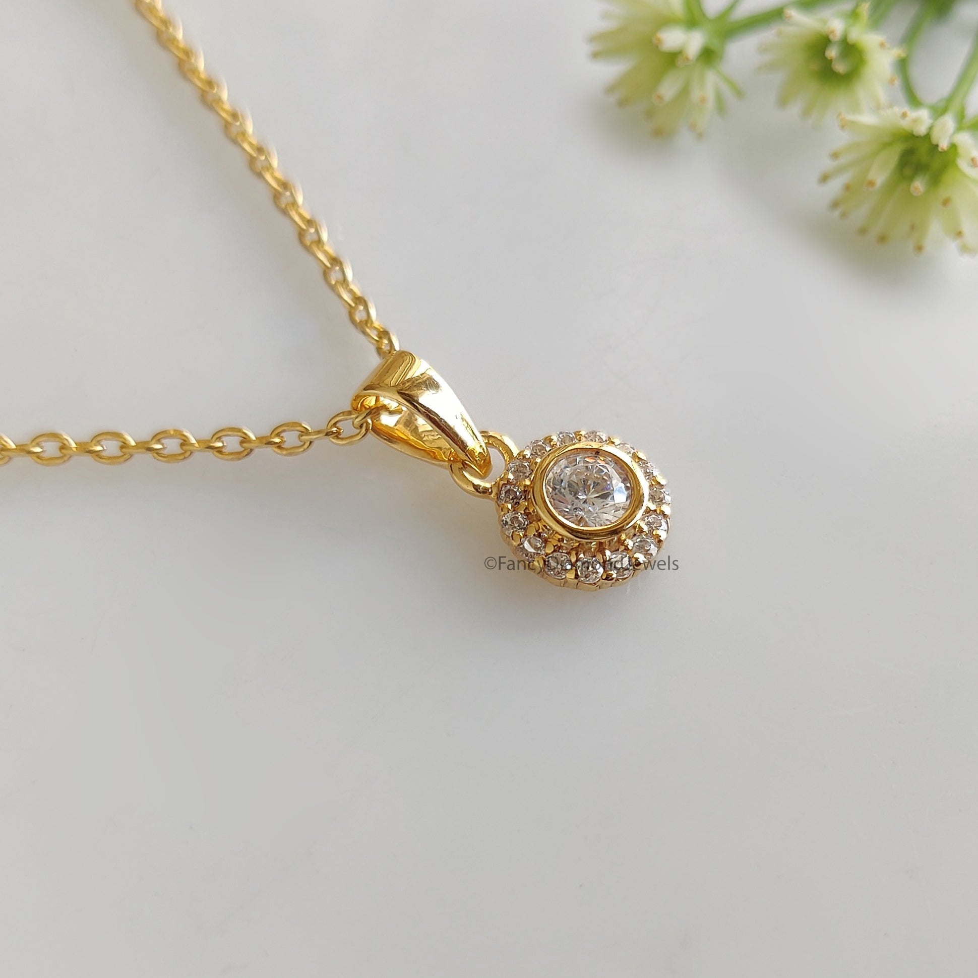 Round Brilliant Cut Moissanite Diamond Pendant, Unique Diamond Pendant, Halo With Bezel Setting Pendant, Dangling Diamond Pendant KD1004