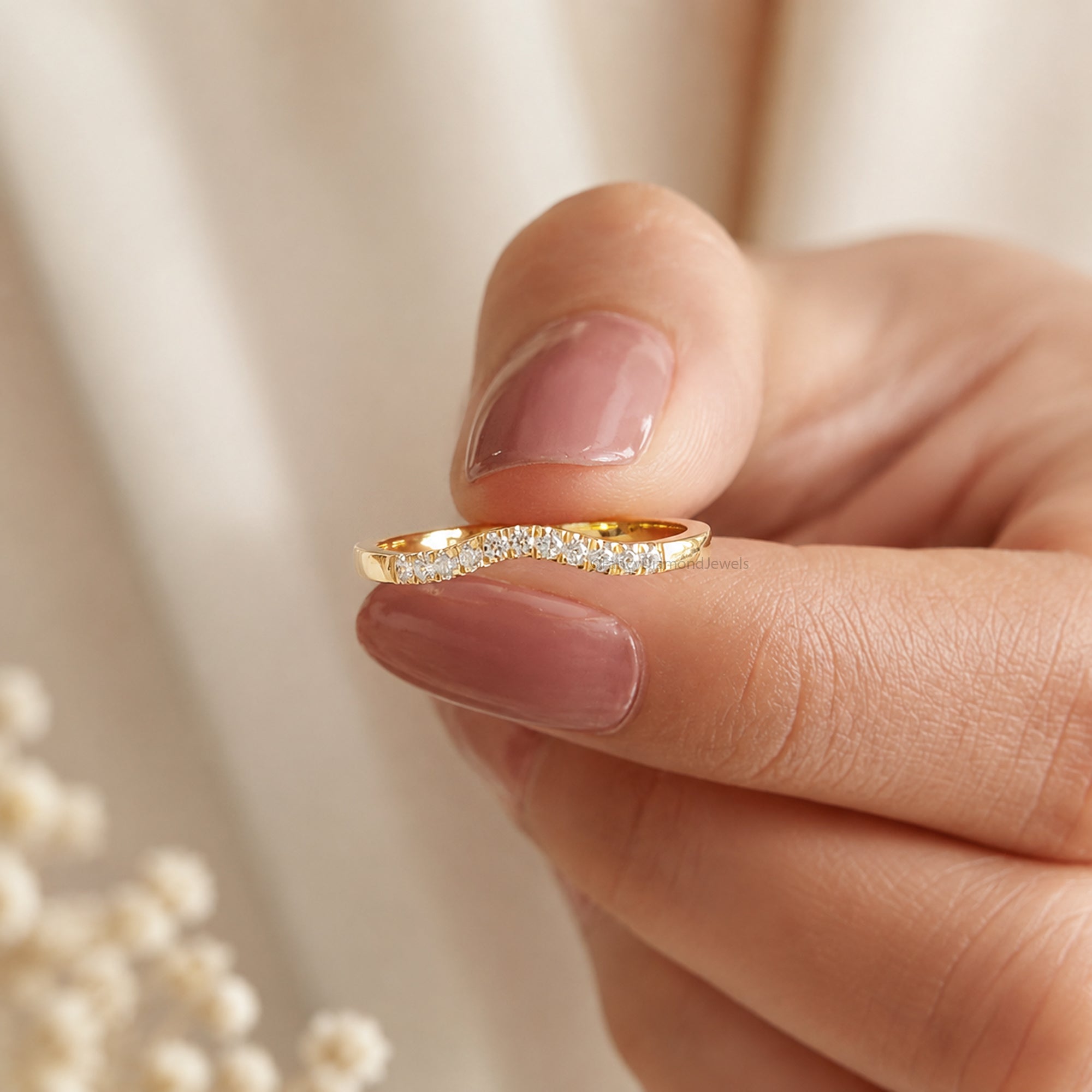 Lab Grown Diamond Band 14k Yellow Gold Curved Wedding Band For Women Pave Set Tiny Diamond Stacking Ring Minimalist Band Ring For Her FD570