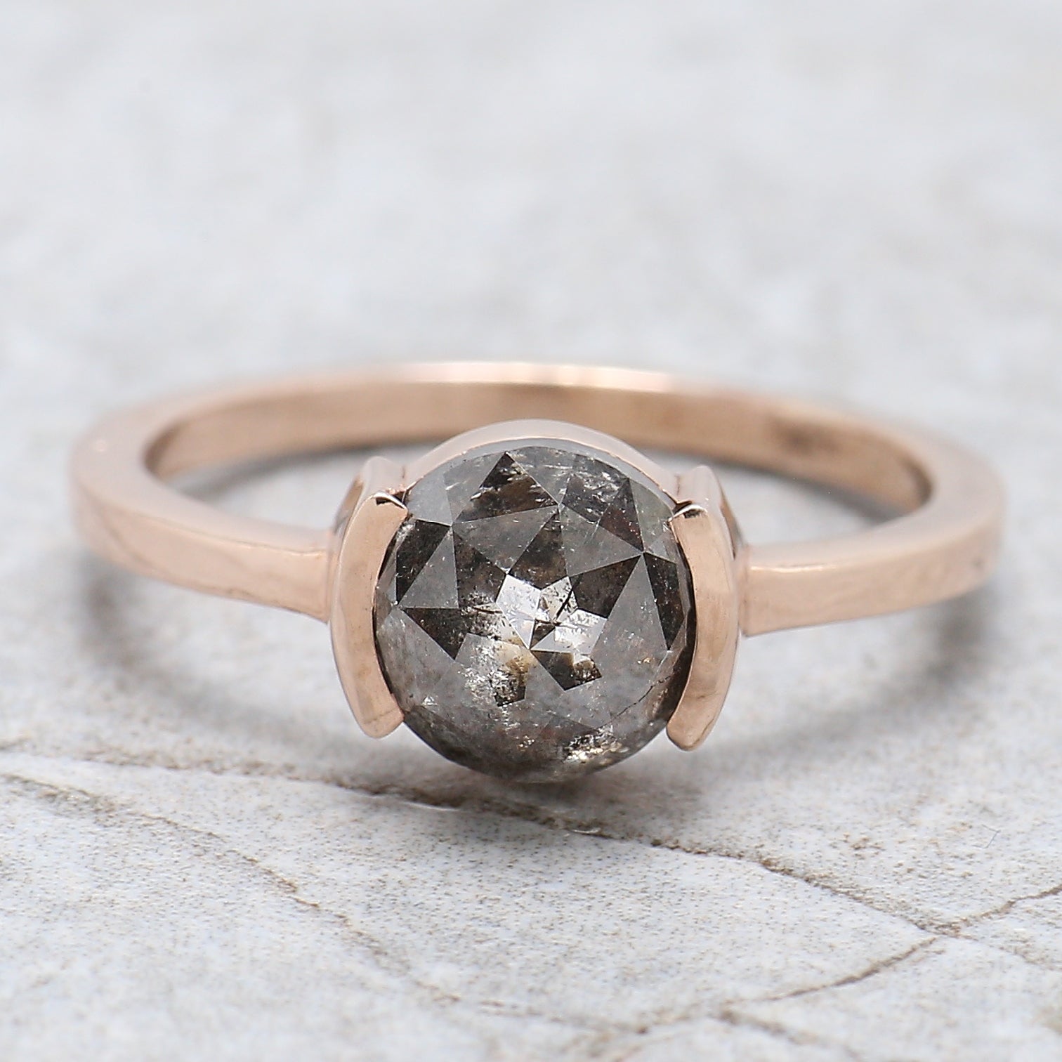 Round Rose Cut Salt And Pepper Diamond Ring 2.00 Ct 7.20 MM Round Cut Diamond Ring 14K Rose Gold Silver Engagement Ring Gift For Her QL674