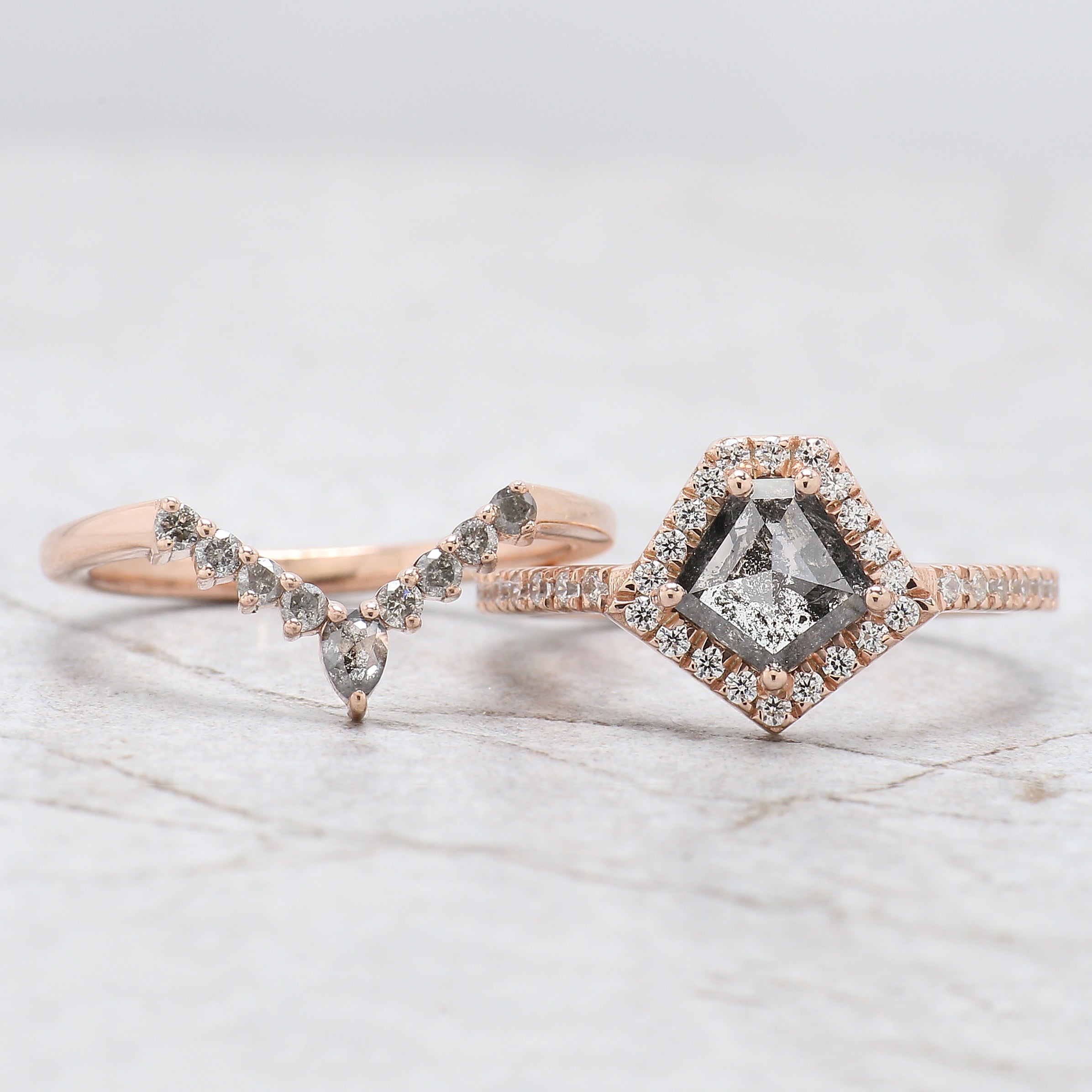 Pentagon Salt And Pepper Diamond Ring 1.12 Ct 6.85 MM Pentagon Diamond Ring 14K Solid Rose Gold Silver Engagement Ring Gift For Her QL1501